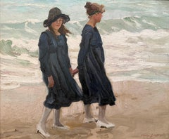 Mid-20th Century Framed Oil on Canvas: A Walk Along the Beach