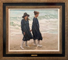 Mid-20th Century Framed Oil on Canvas: A Walk Along the Beach
