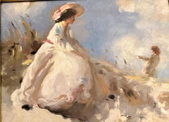 English Impressionist sketch, a woman and child flying a kite in a landscape