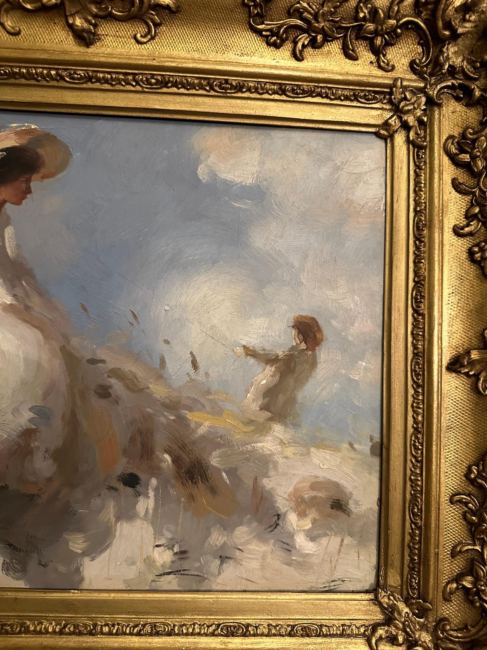English Impressionist sketch, a woman and child flying a kite in a landscape 1