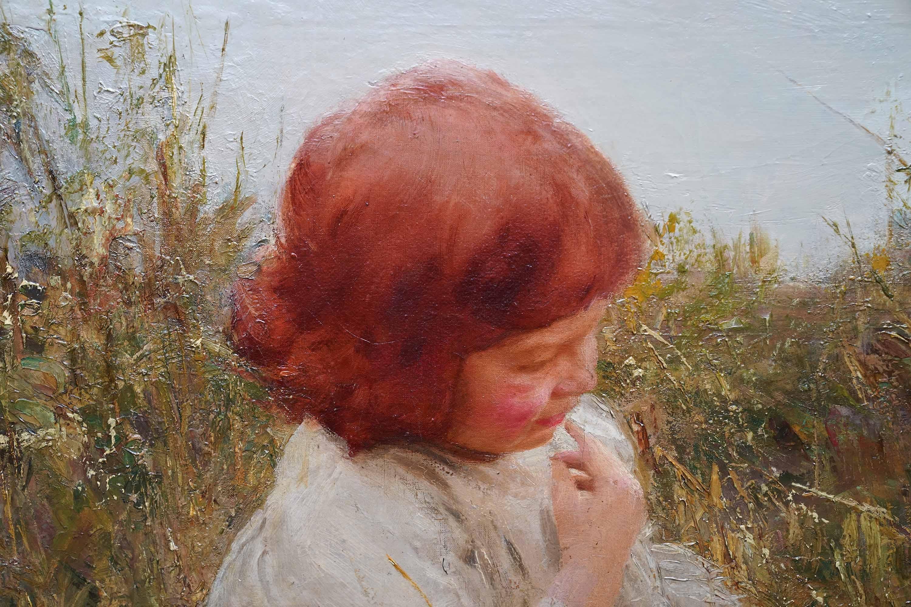 Portrait of Alan Sims with Bird Nest - British Edwardian art oil painting - Brown Portrait Painting by Charles Sims