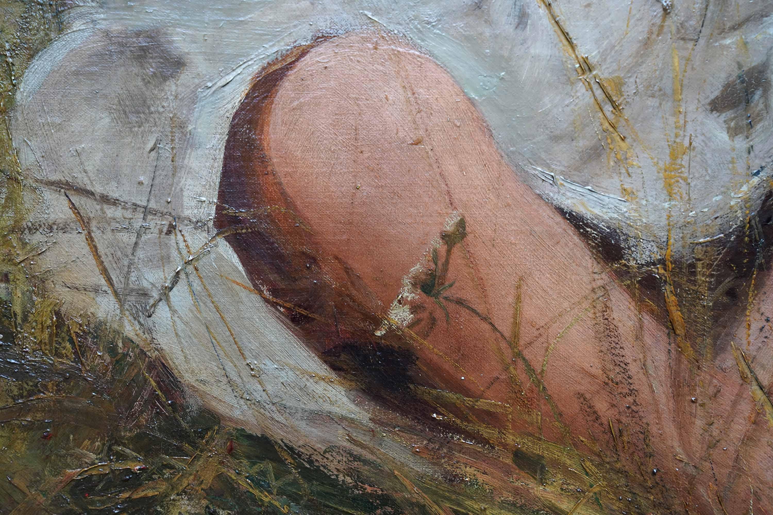 This lovely British Edwardian Impressionist portrait oil painting is by noted artist Charles Henry Sims. Painted circa 1910, the young child in the painting is Alan Sims, the artist's son. He is sat in long grass and looking at a bird's nest on the