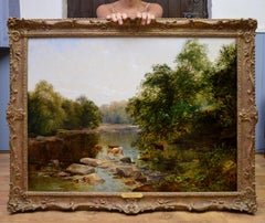 The Tees in der Nähe der Greta-Brücke - Ölgemälde des 19. Jahrhunderts - Englische Fluss Fischerei