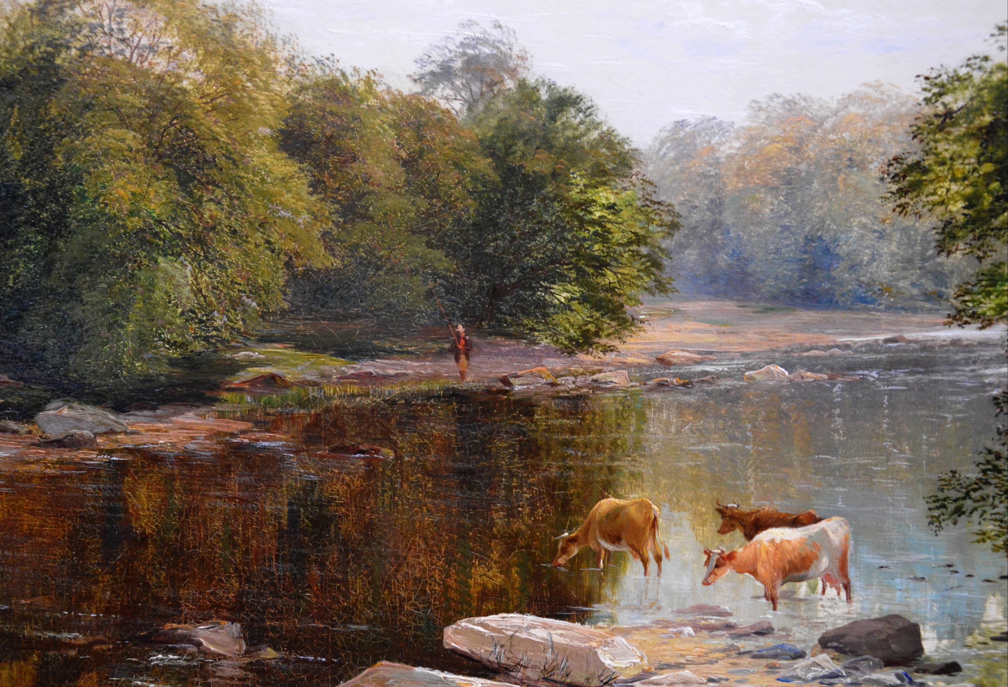 The Tees near Greta Bridge - 19th Century Oil Painting - English River Fishing - Brown Animal Painting by Charles Smith