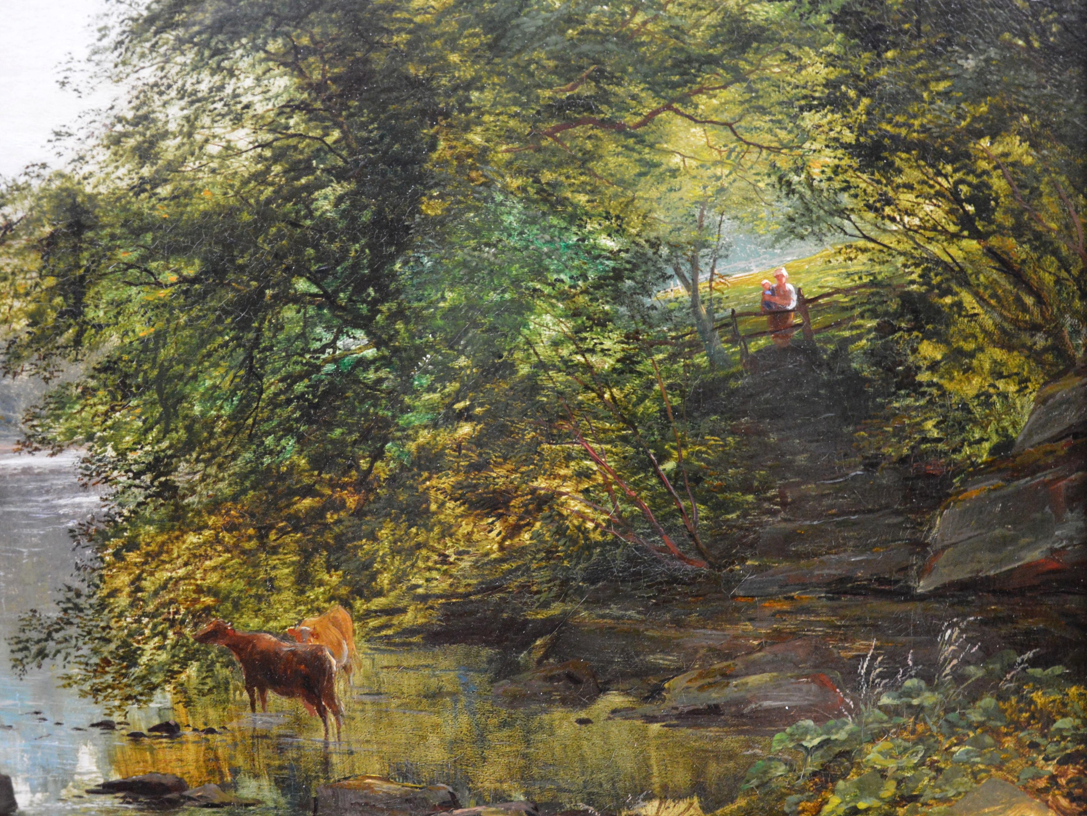 This is a large fine original 19th century river landscape oil on canvas depicting a fly fisherman and a small group of cattle watering upon ‘The Tees near Greta Bridge’ in Yorkshire by the eminent Victorian landscape artist Charles Smith