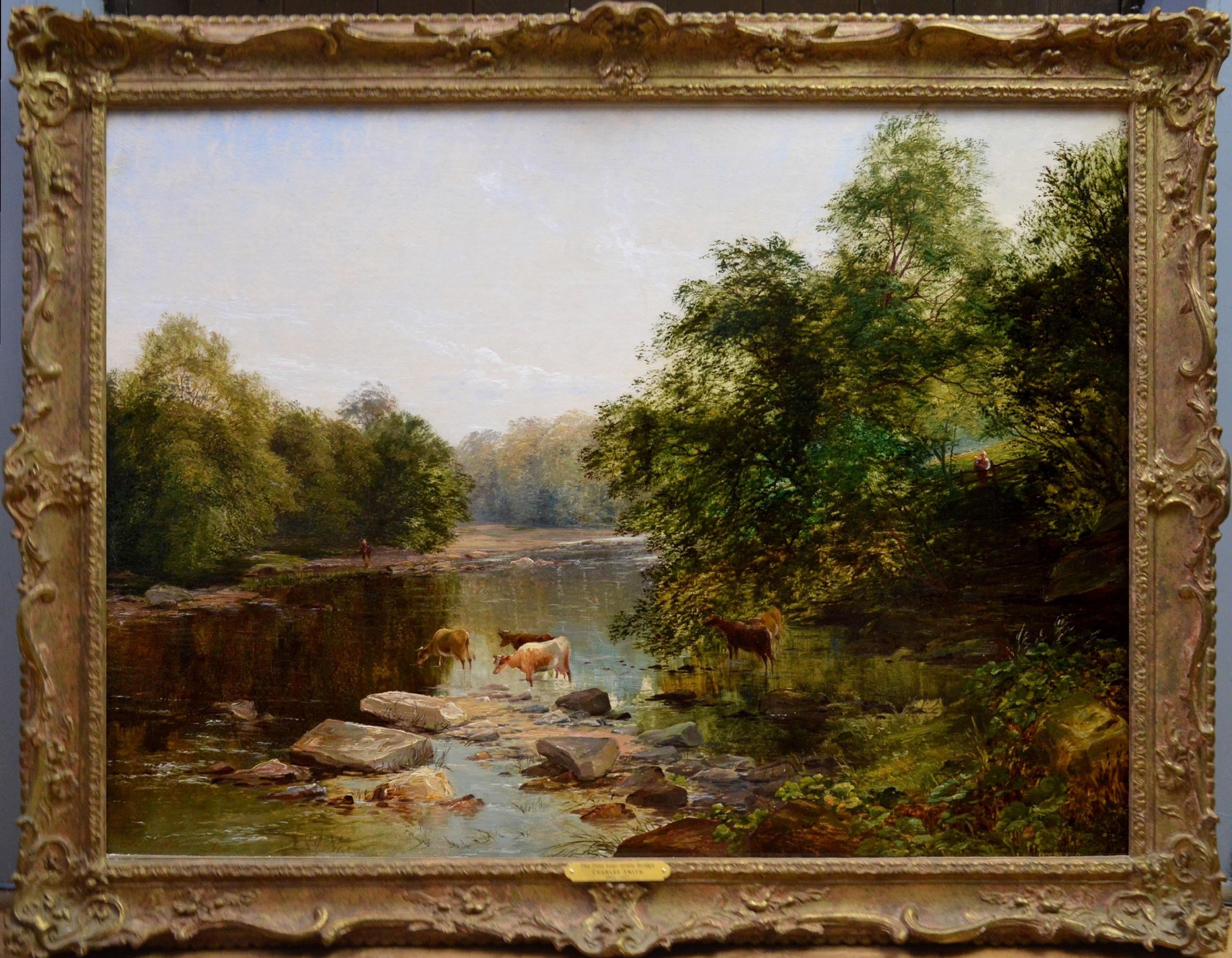 Charles Smith Animal Painting - The Tees near Greta Bridge - 19th Century Oil Painting - English River Fishing