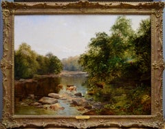 The Tees près du pont de Greta - Peinture à l'huile du XIXe siècle - pêche sur rivière anglaise