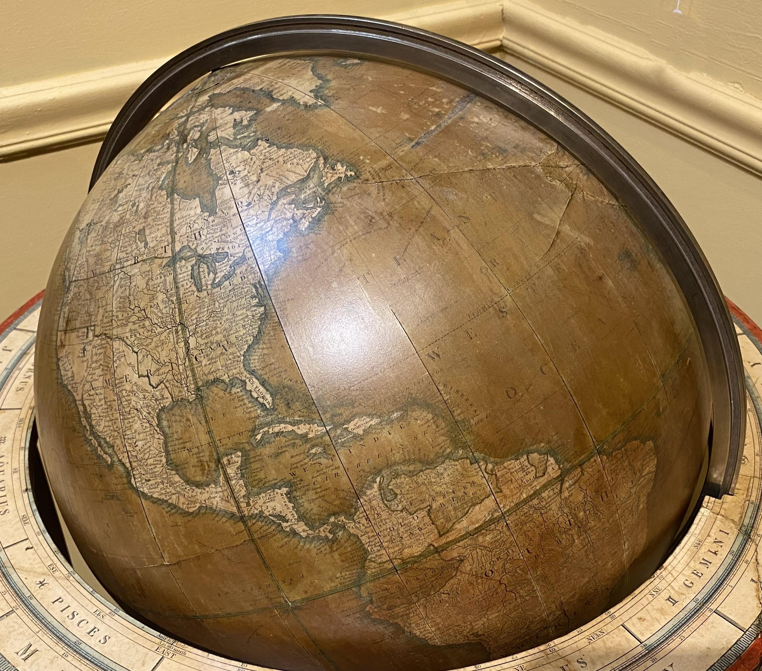 A fine rare example of an 18 inch diameter terrestrial globe on mahogany stand with brass meridian and paper horizon ring depicting months and zodiac signs, The round title cartouche with lions in the crest reads “Smith’s Terrestrial Globe,