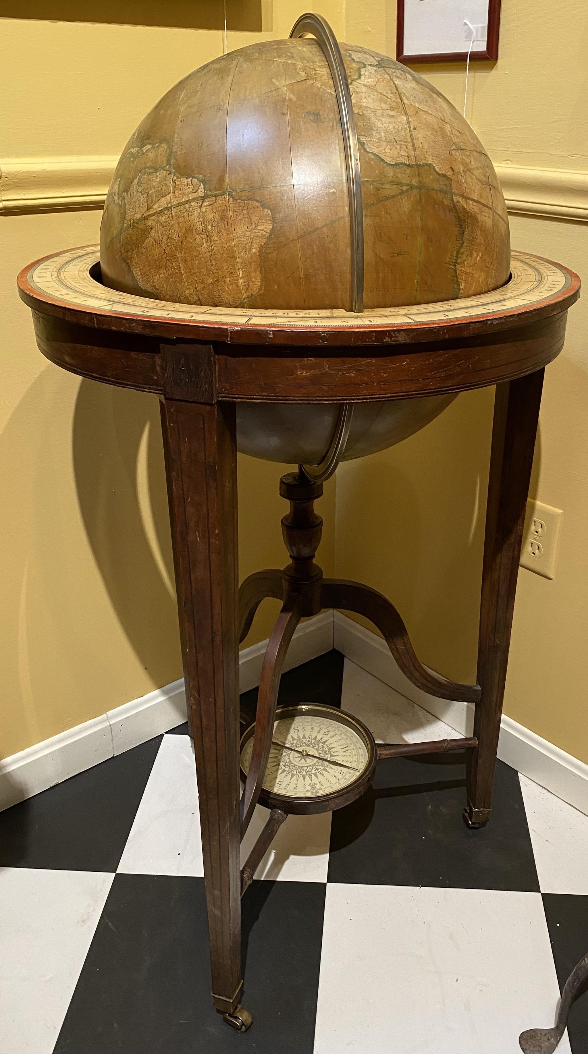 Charles Smith & Son 18 Inch Terrestrial Globe on Stand w/ Compass circa 1845-48 In Good Condition For Sale In Milford, NH