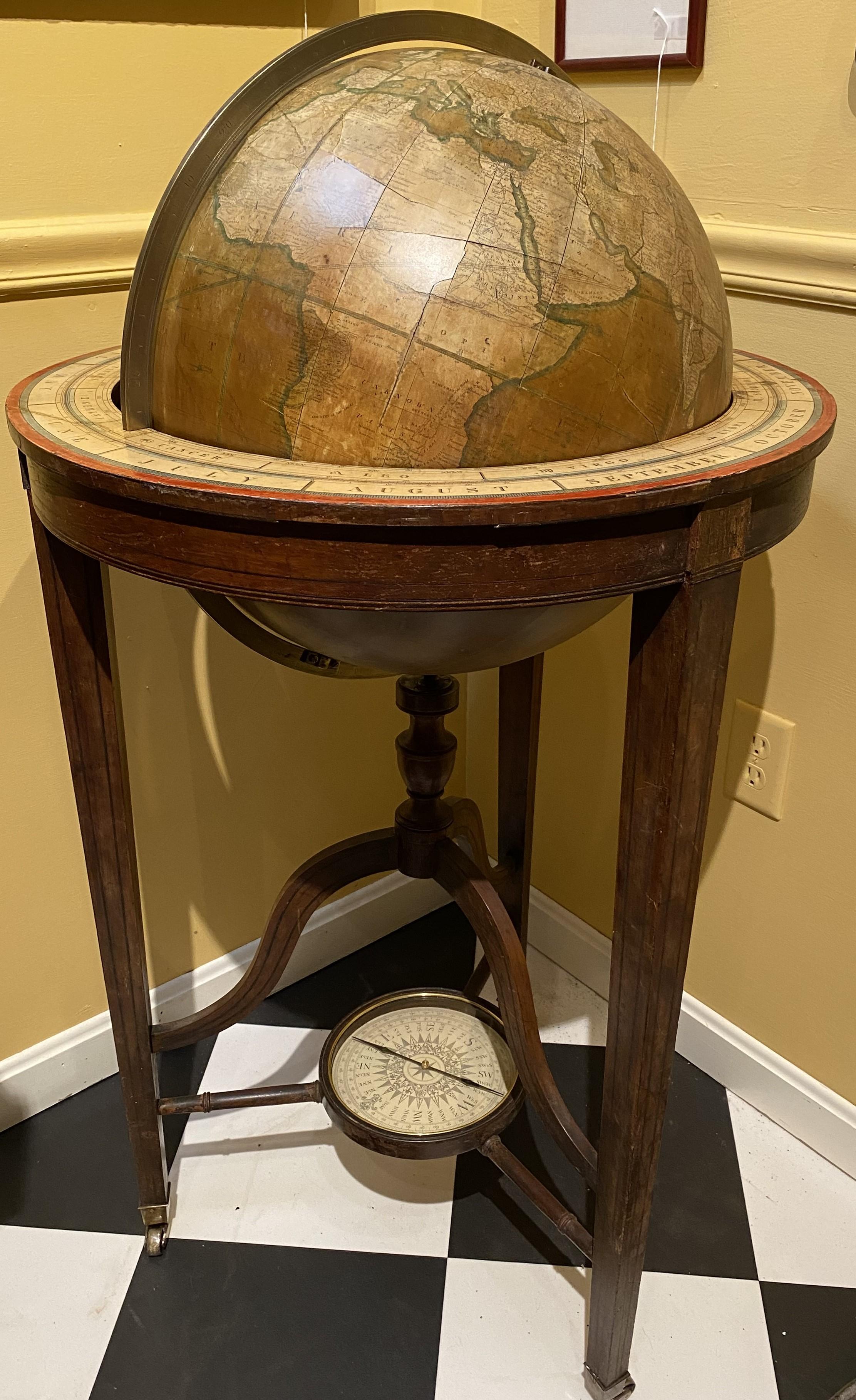 Charles Smith & Son 18 Inch Terrestrial Globe on Stand w/ Compass circa 1845-48 In Good Condition For Sale In Milford, NH
