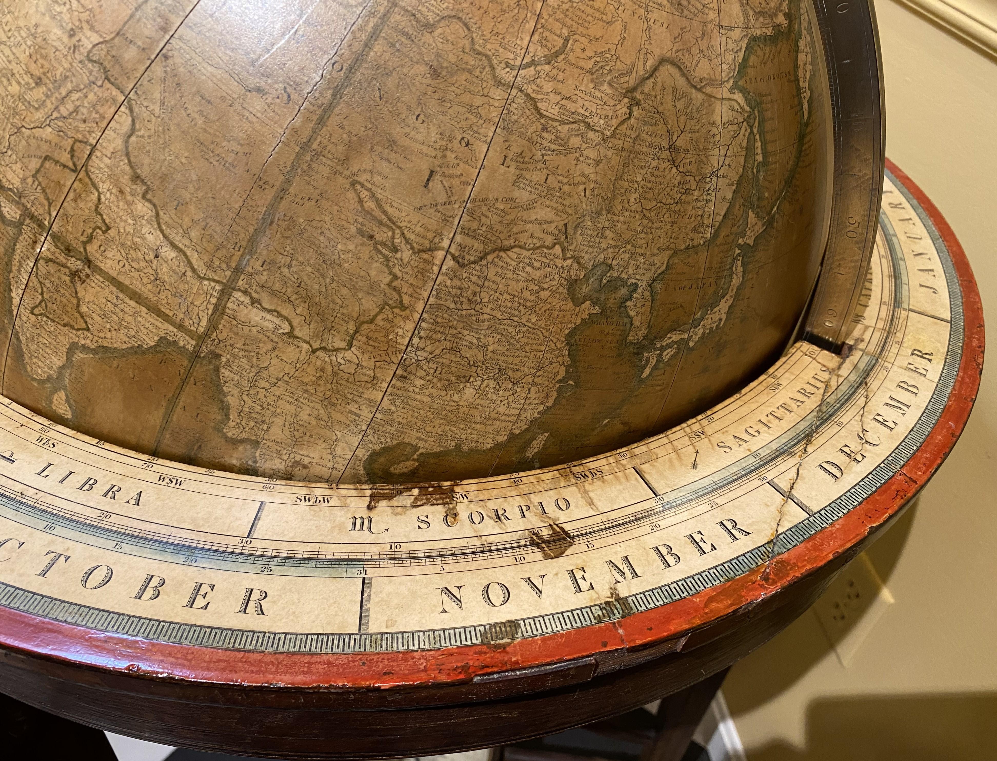 Brass Charles Smith & Son 18 Inch Terrestrial Globe on Stand w/ Compass circa 1845-48 For Sale