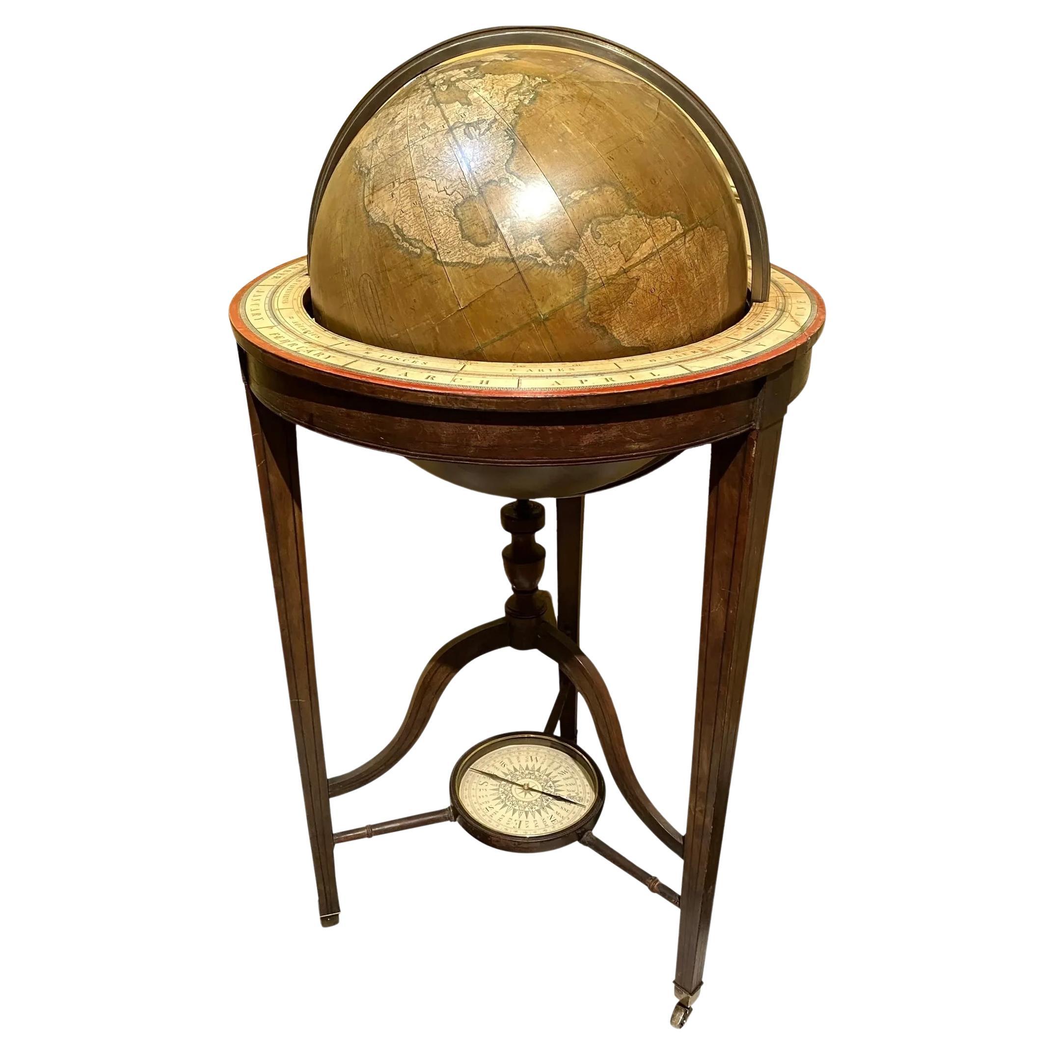 Charles Smith & Son 18 Inch Terrestrial Globe on Stand w/ Compass circa 1845-48