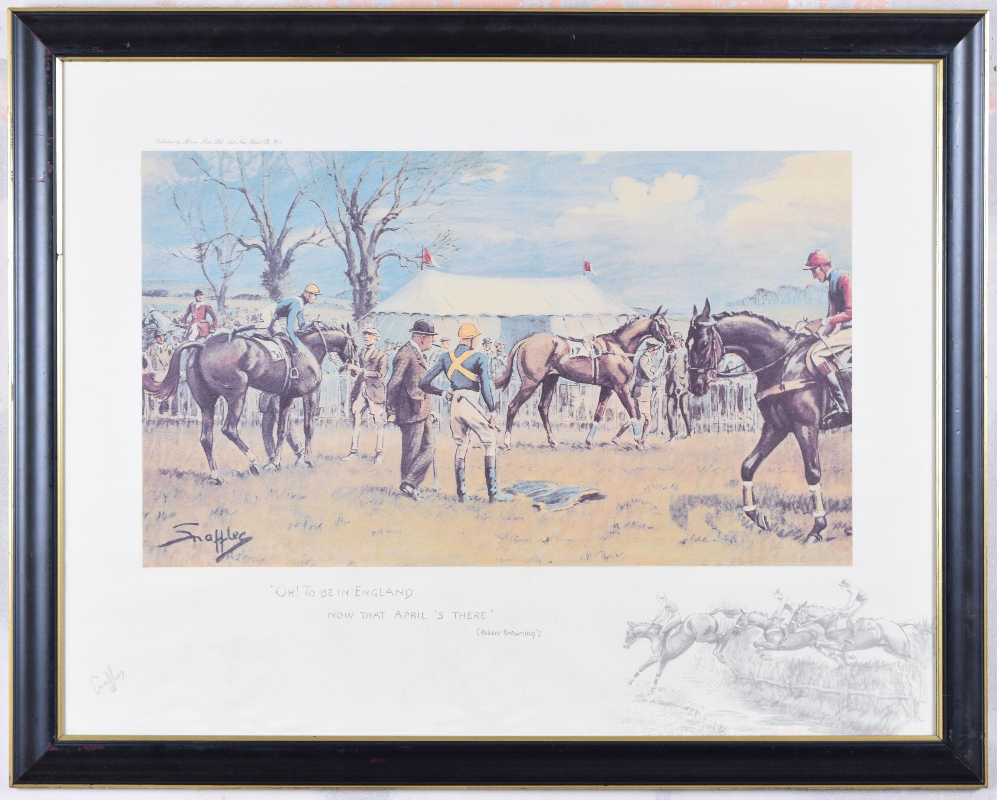 Charles "Snaffles" Johnson Payne Animal Print - 'Oh to be in England' signed horse racing print by Snaffles