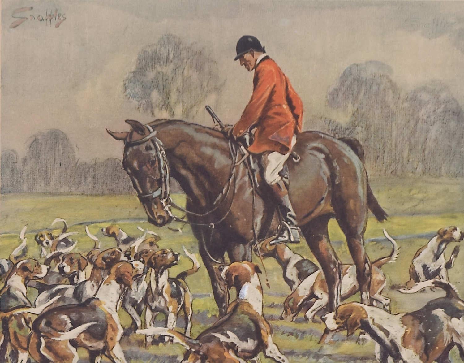 Snaffles : Lithographie signée « The Huntsman » : « Le chien aime le chasseur » - Beige Landscape Print par Charles 