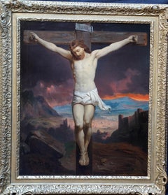 Antique The Crucifixion - Belgian 19thC Victorian religious art portrait oil painting