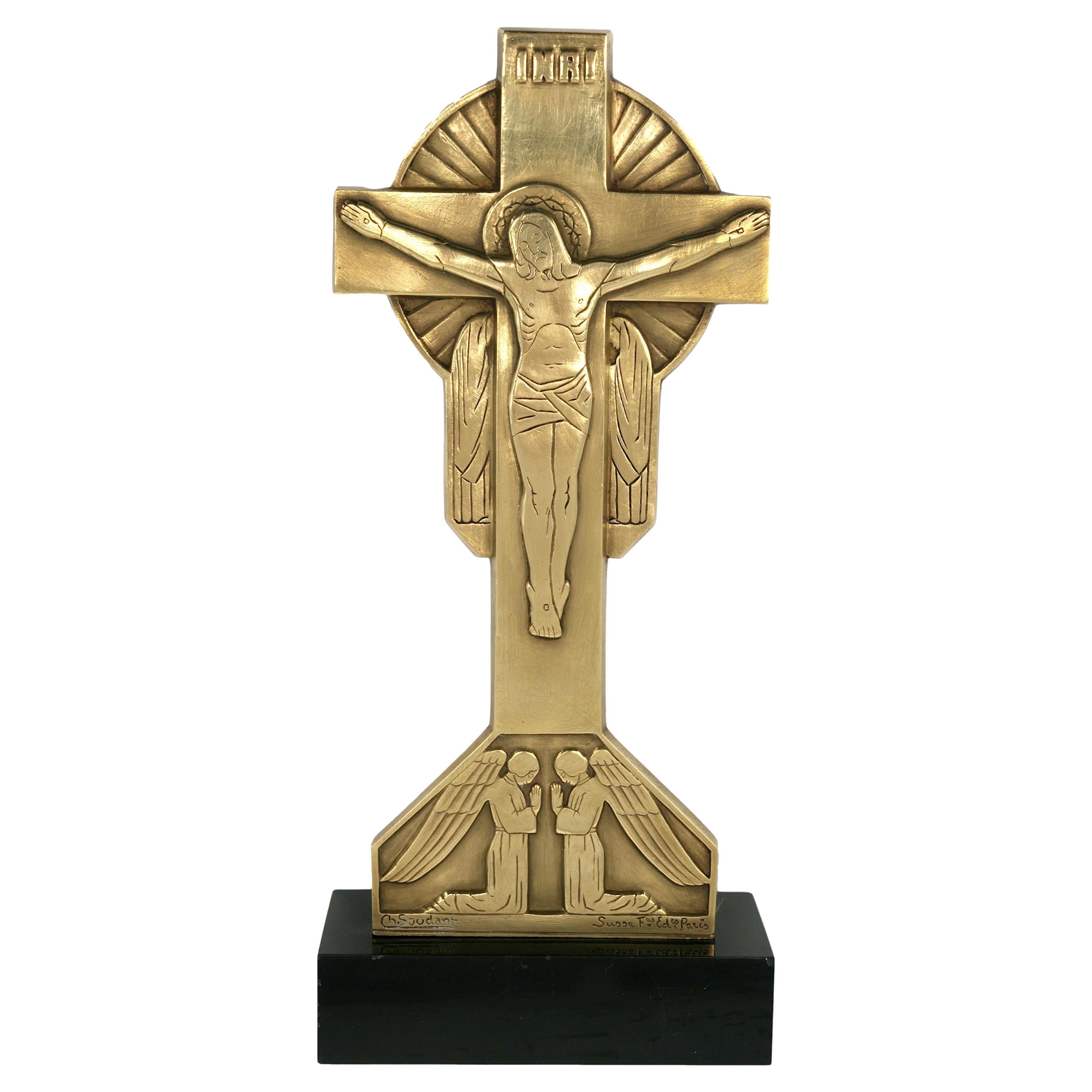 Crucifijo de bronce Art Déco francés Charles SOUDANT 1920
