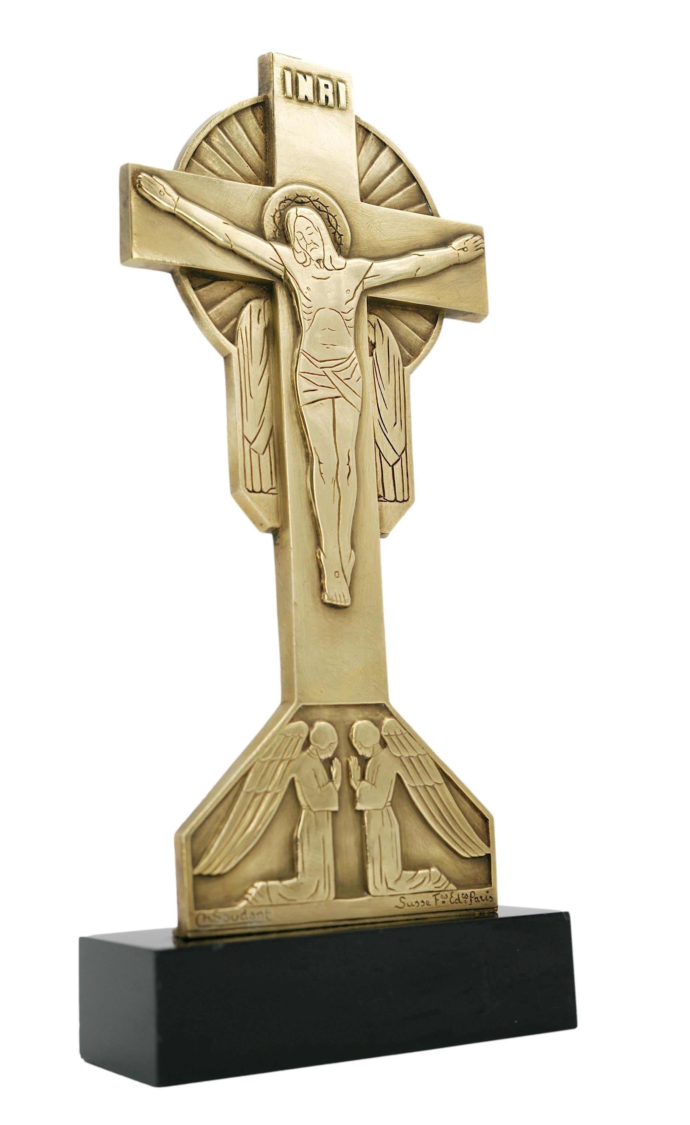Charles SOUDANT French Art Deco Bronze Crucifix, 1930s In Good Condition For Sale In Saint-Amans-des-Cots, FR