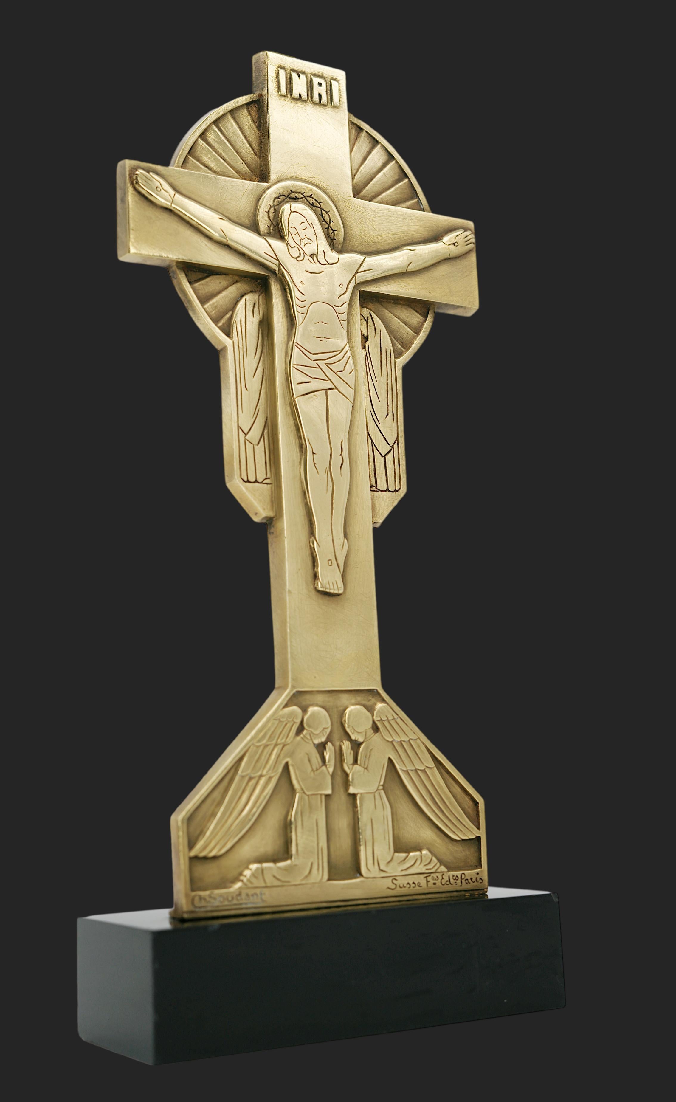 Charles SOUDANT Französisch Art Deco Bronze Kruzifix, 1930er Jahre im Zustand „Gut“ im Angebot in Saint-Amans-des-Cots, FR