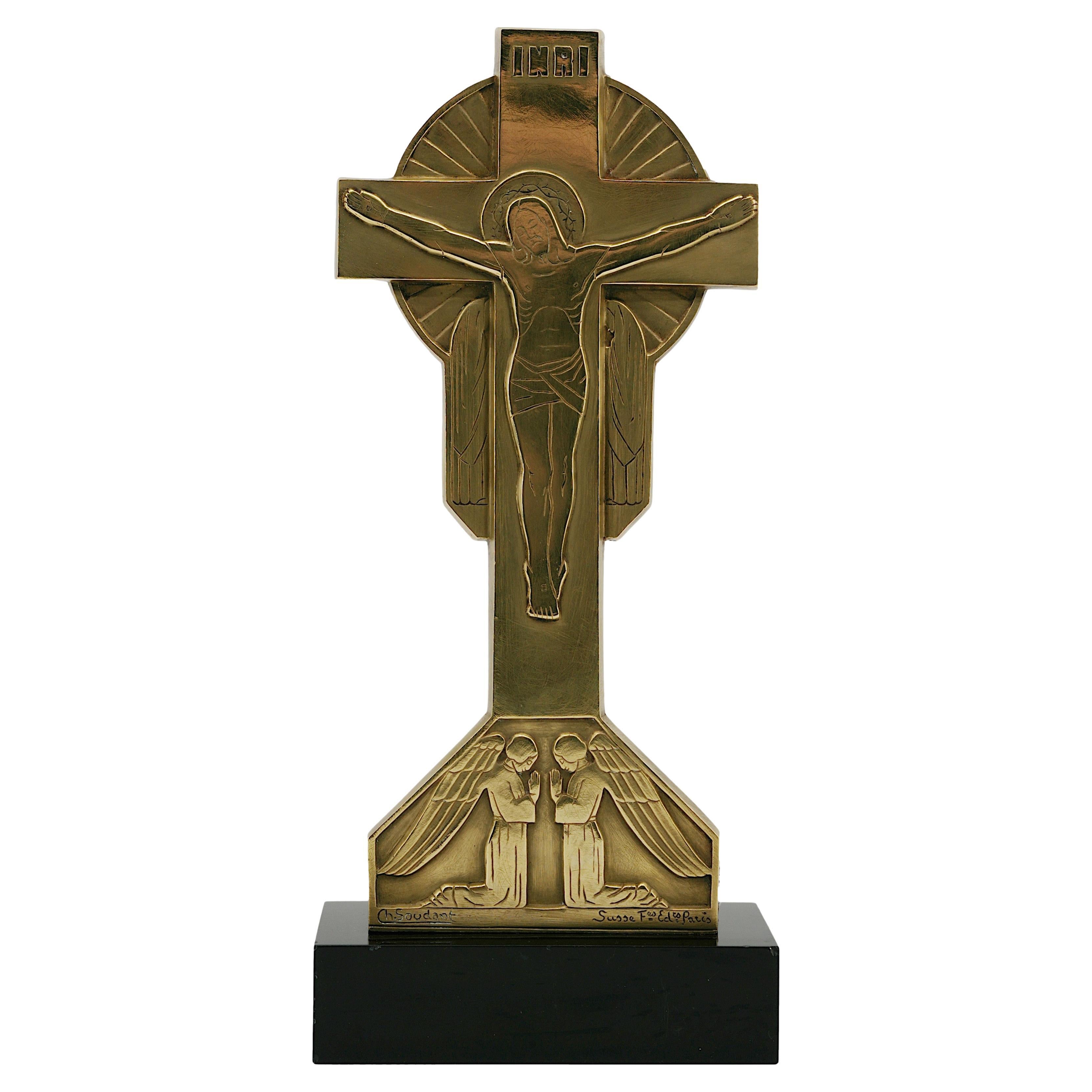 Charles SOUDANT Französisch Art Deco Bronze Kruzifix, 1930er Jahre