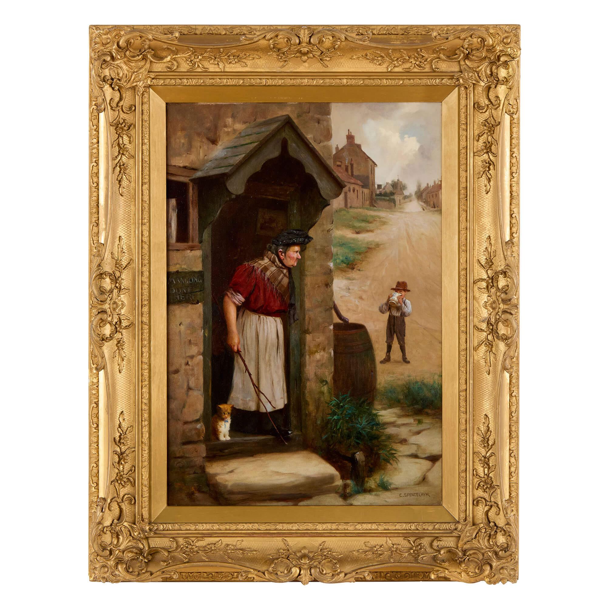 Große antike englische viktorianische figurative Ölgemälde Charles Spencelayh