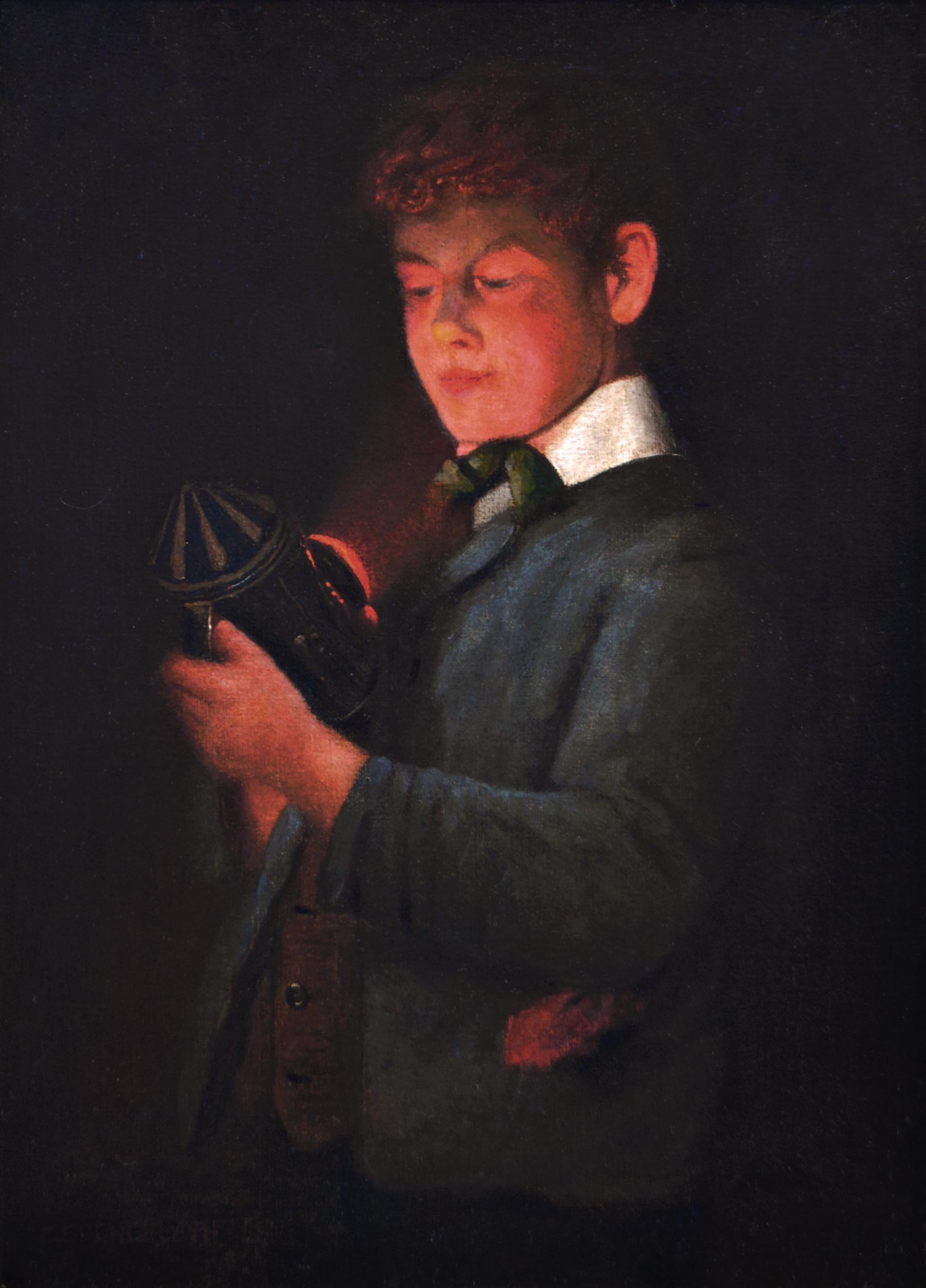 Late 19th Century genre portrait oil painting of a boy holding a lantern - Painting by Charles Spencelayh