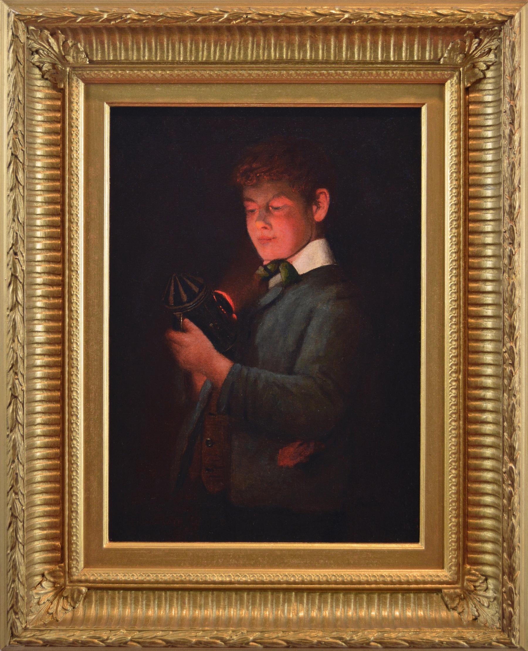 Charles Spencelayh Figurative Painting - Late 19th Century genre portrait oil painting of a boy holding a lantern