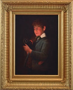 Late 19th Century genre portrait oil painting of a boy holding a lantern
