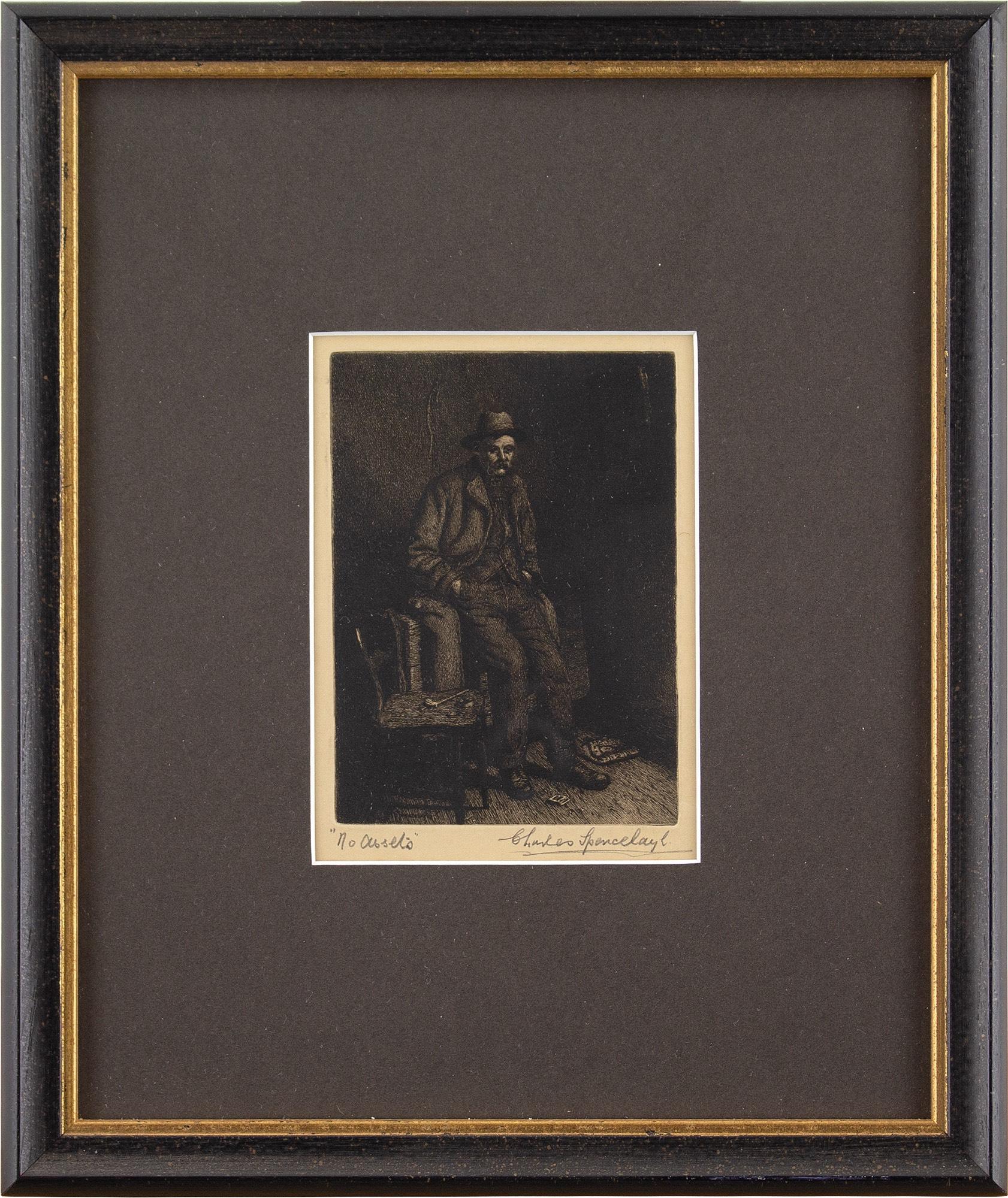 This early 20th-century etching by British artist Charles Spencelayh depicts a man stripped of all wealth. He stands in a sparse room with hands in pockets, lacking even the basic necessities of tobacco and matches. A chair is partly dismantled,