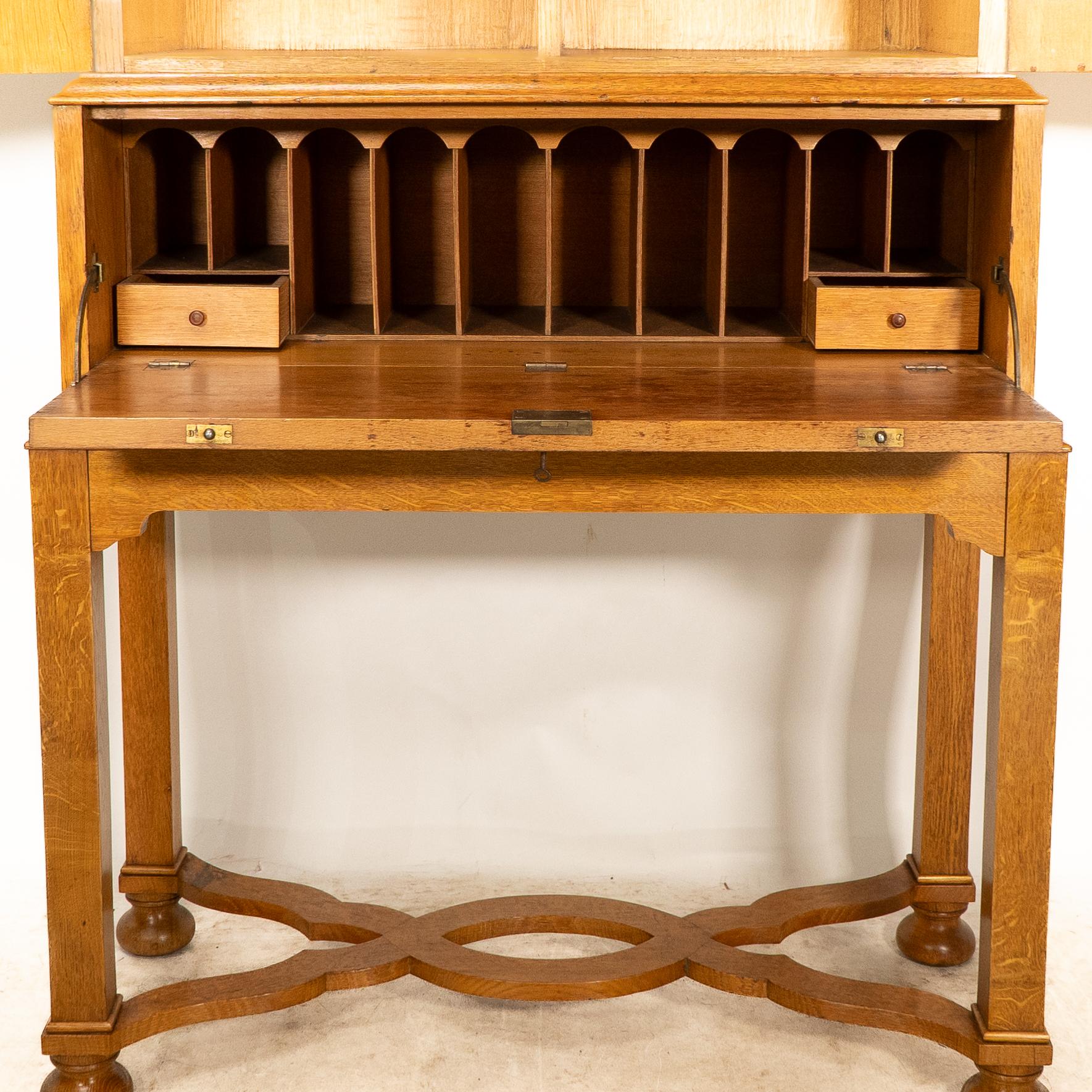 Charles Spooner Arts & Crafts Oak secretaire Cabinet with Serpentine Stretchers For Sale 5