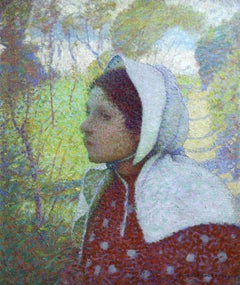 Breton Girl, Sprague Pearce, 19th Century American, Pointilist Figure Landscape