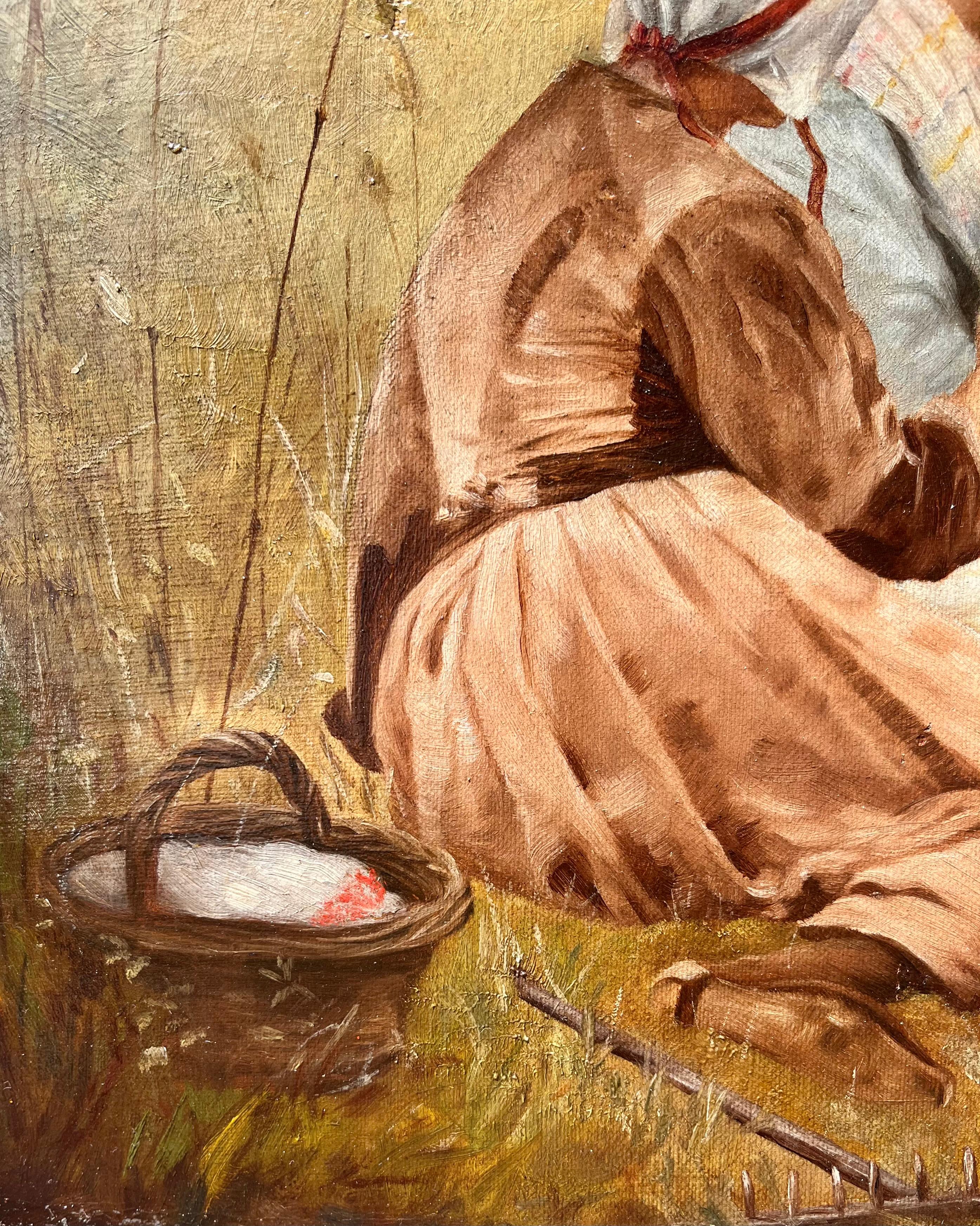 Diese stimmungsvolle Ölstudie von Charles Sprague Pearce fängt einen seltenen Moment der Stille im Leben zweier arbeitender Frauen ein. Die Figuren sitzen an einem goldenen Flussufer und sind in warmes Licht getaucht, während sie von weichen Gräsern