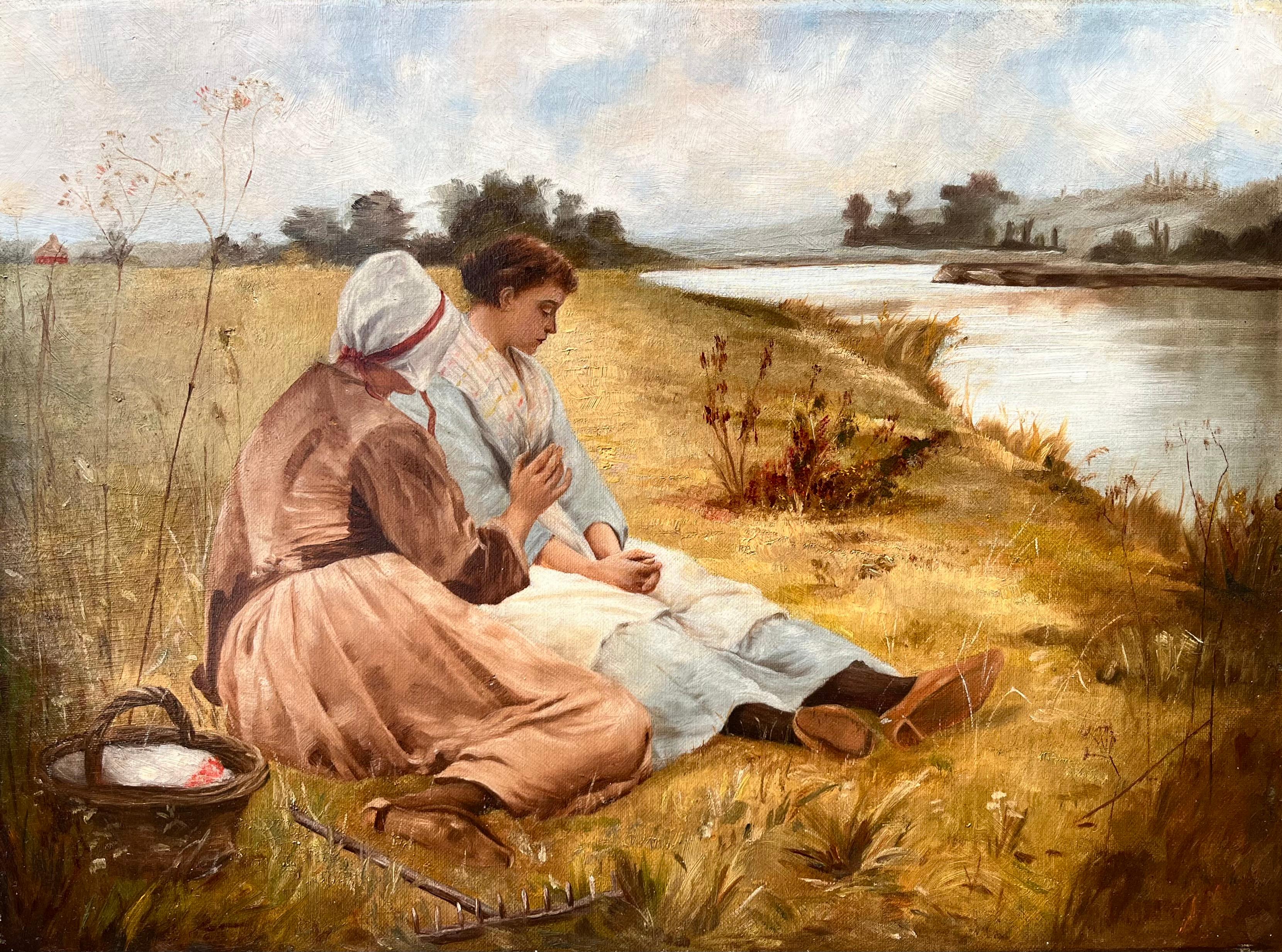 Charles Sprague Pearce Figurative Painting – Studie über Figuren, die am Flussufer ruhen
