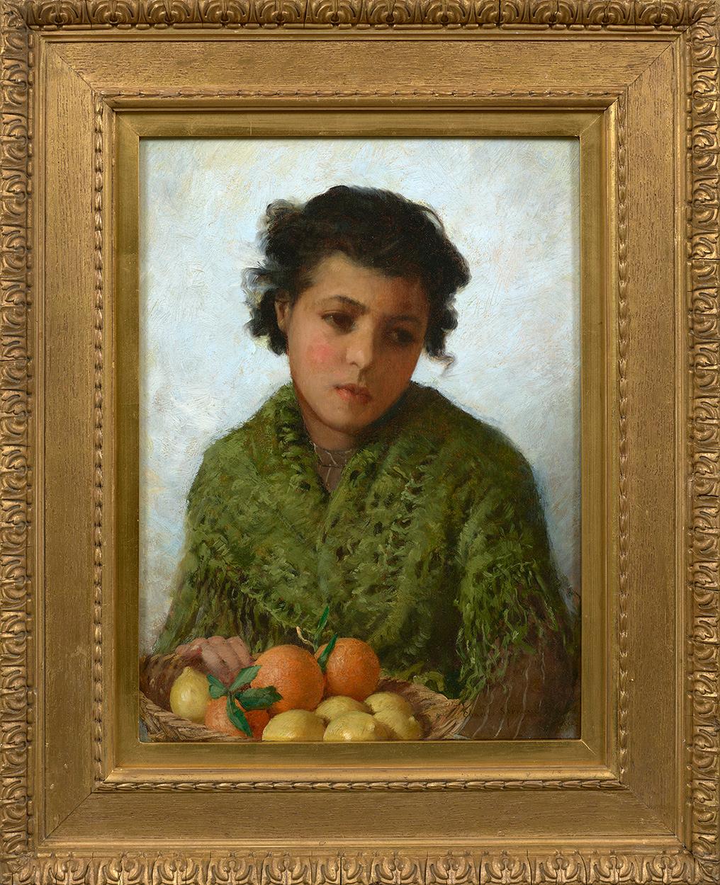 Young Girl Selling Oranges and Lemons - Painting by Charles Sprague Pearce