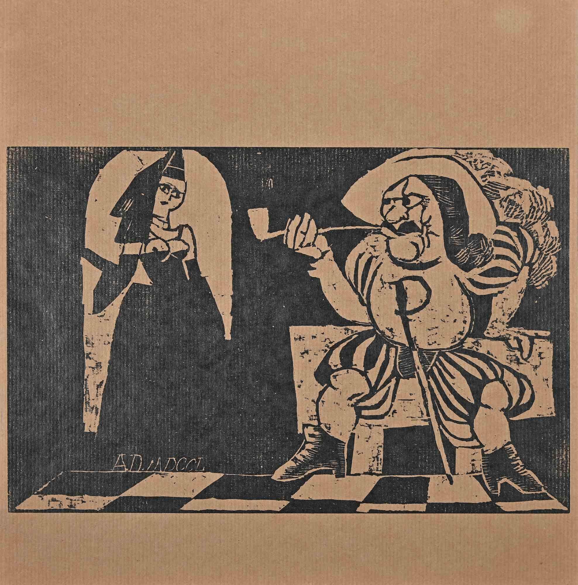 Figures is a woodcut print on paper realized by Carles Sterns in the Early 20th Century

Good conditions.

The artwork is depicted through soft strokes in a well-balanced composition.
