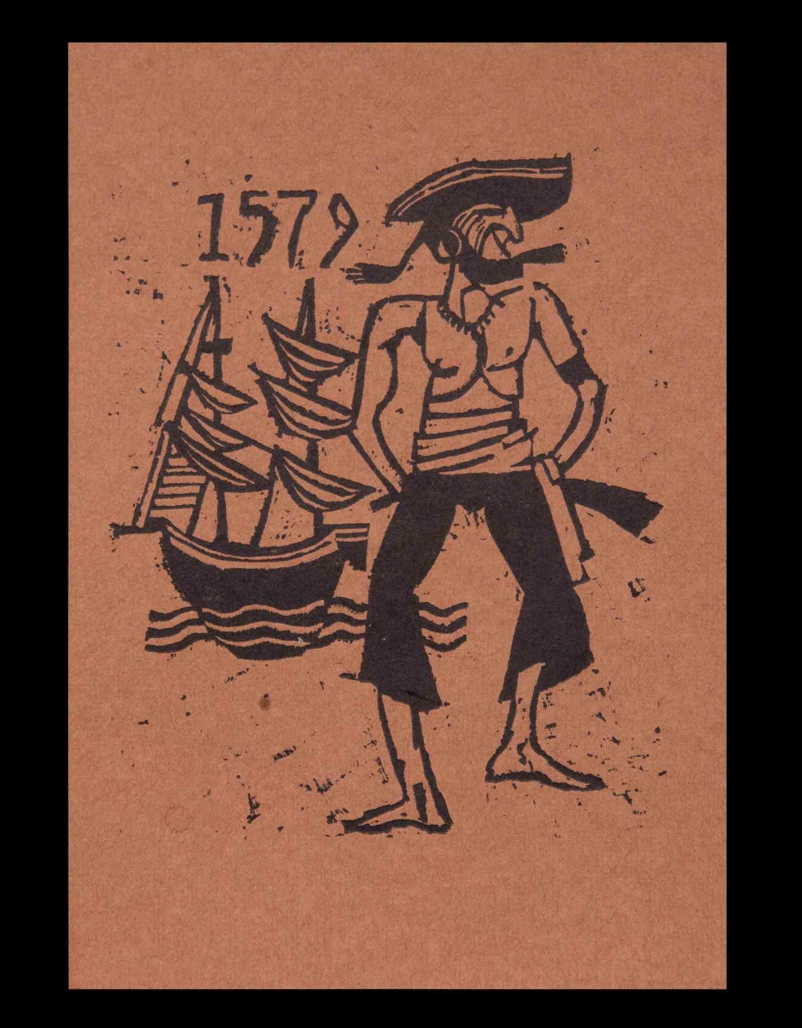 Sailor Man in 1579 is a woodcut print on brownish color paper print on paper realized by Charles Sterns in the early 20th century

Good conditions.

The artwork is represented by mastery through intense black color and deft strokes, full of emotion