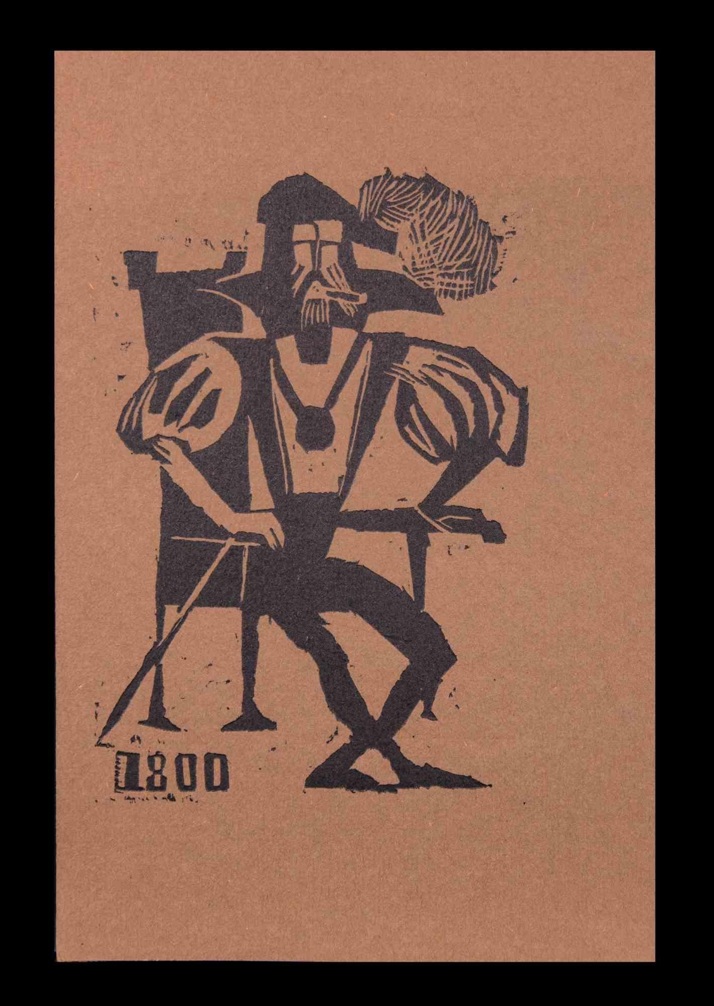 Charles Sterns Figurative Print - Smoking Baron on the Throne - Woodcut print by C. Sterns - Early 20th Century