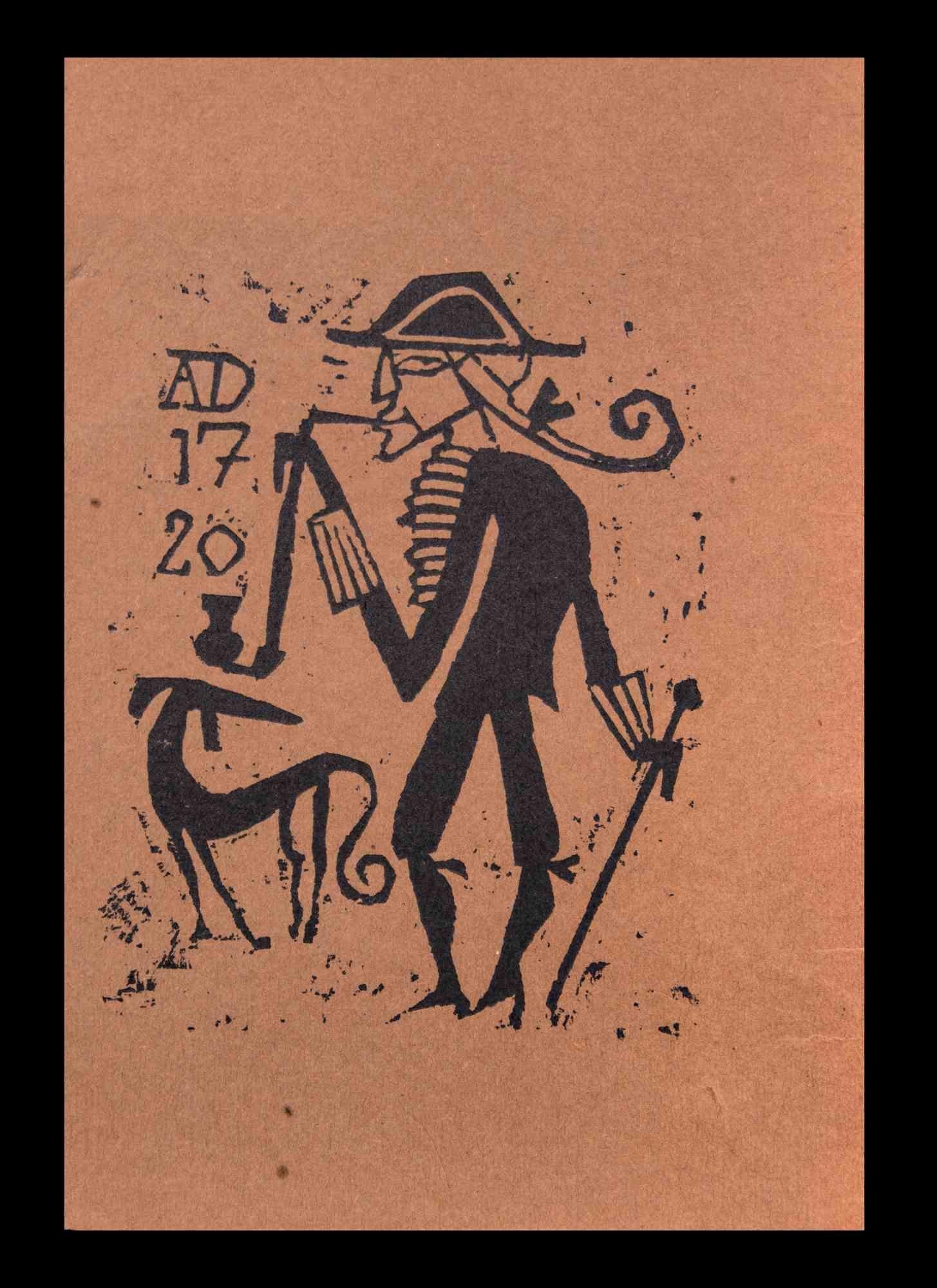 Smoking Man with Dog is a woodcut on brownish color paper print on paper realized by Charles Sterns in the early 20th century

Very Good conditions.

The artwork is represented by mastery through intense black color and deft strokes, full of emotion