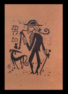 Smoking Man with Dog - Woodcut Print by Charles Sterns - Early 20th Century