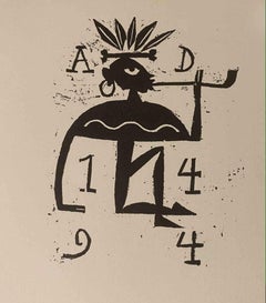 Smoking Tribal Man in 1494 A.D.- Woodcut print by C. Sterns - Early 20th Century