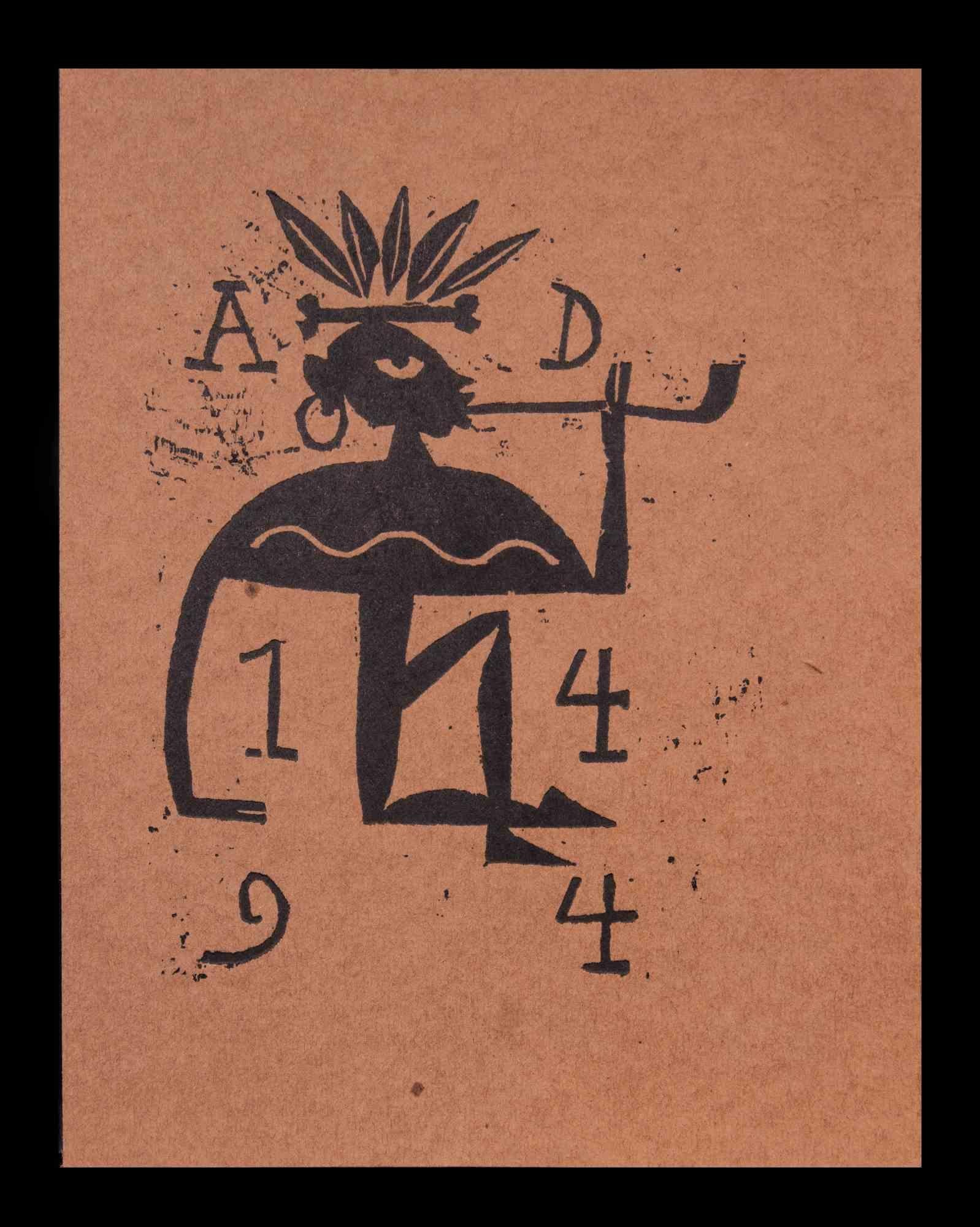Smoking Tribal Man is a woodcut on brownish color paper print on paper realized by Charles Sterns in the early 20th century

Very Good conditions.

The artwork is represented by mastery through intense black color and deft strokes, full of emotion