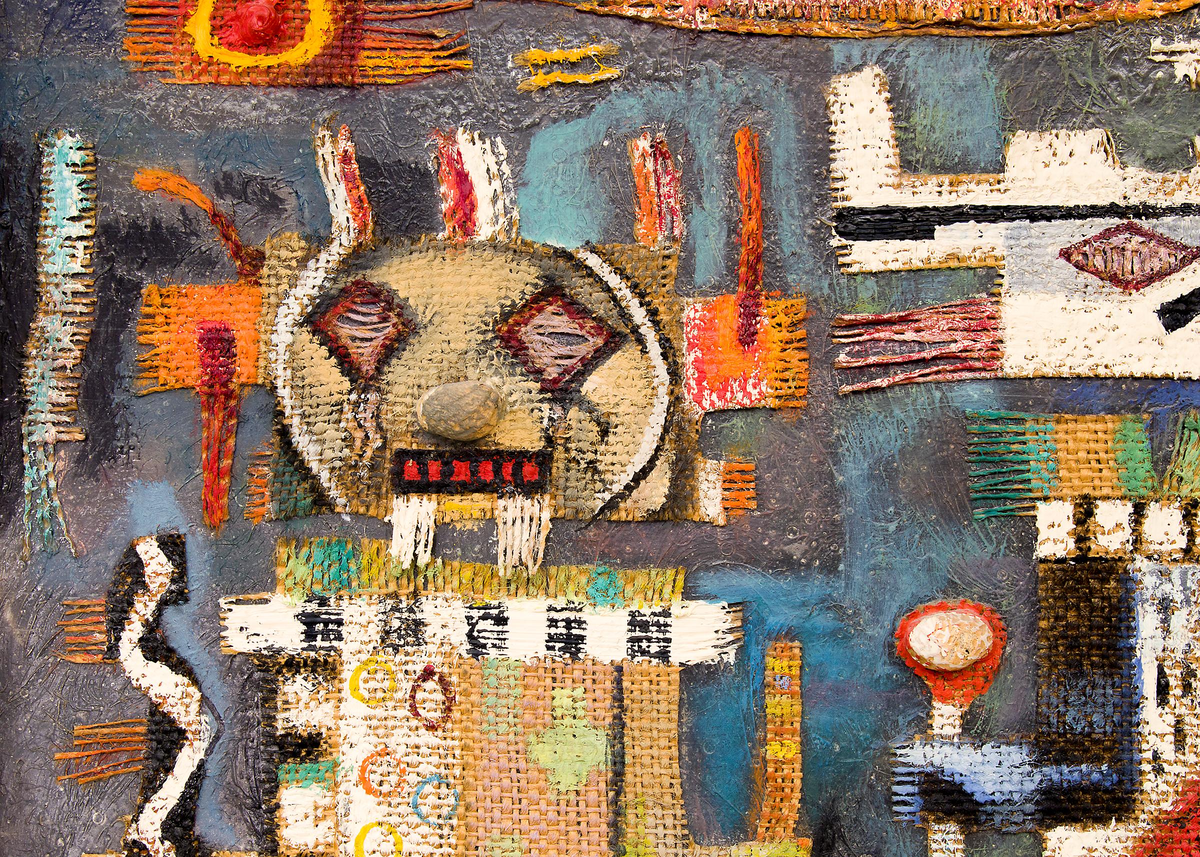 Deities - Vintage 1960s semi-abstract mixed media oil painting with Native American Pueblo Kachina (Katsina) Dolls by 20th century Taos, New Mexico artist, Charles Stewart (1922-2011). Assemblage/Collage with oil paint, fabric, peanut shells on