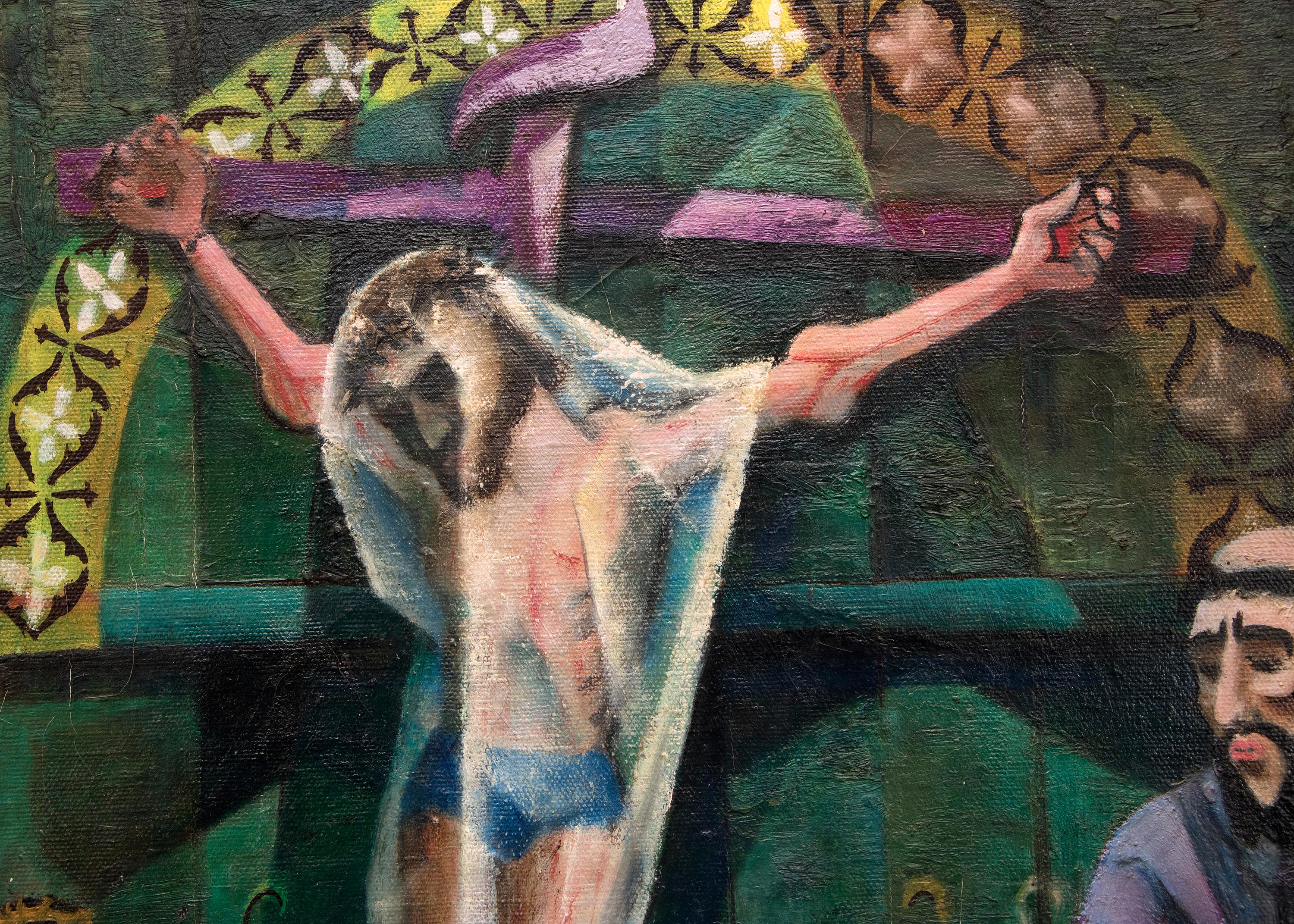 Original devotional oil painting signed and dated by Charles Stewart (1922-2011) of an church altar in Trampas, New Mexico, painted in 1950, with the Crucifixion painted in a modernist/Spanish Colonial style. Presented in a vintage frame, outer