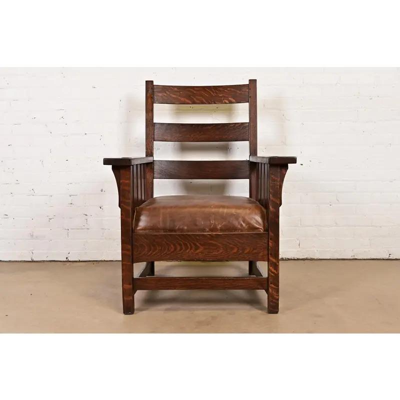 Charles Stickley Antike Eiche Arts & Crafts Lounge Chair, neu lackiert im Angebot 3