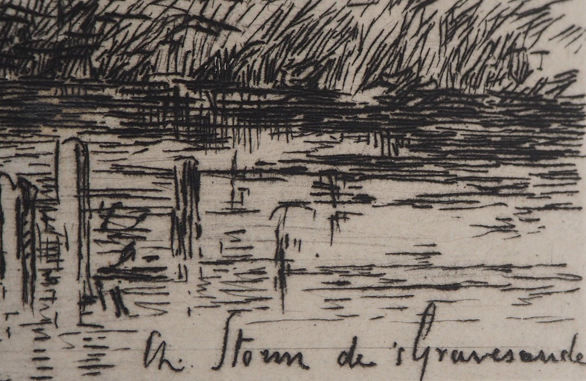 Holanda : Pescadores Veleros en el río, Grabado original - Print de Charles Storm Van S'Gravesande