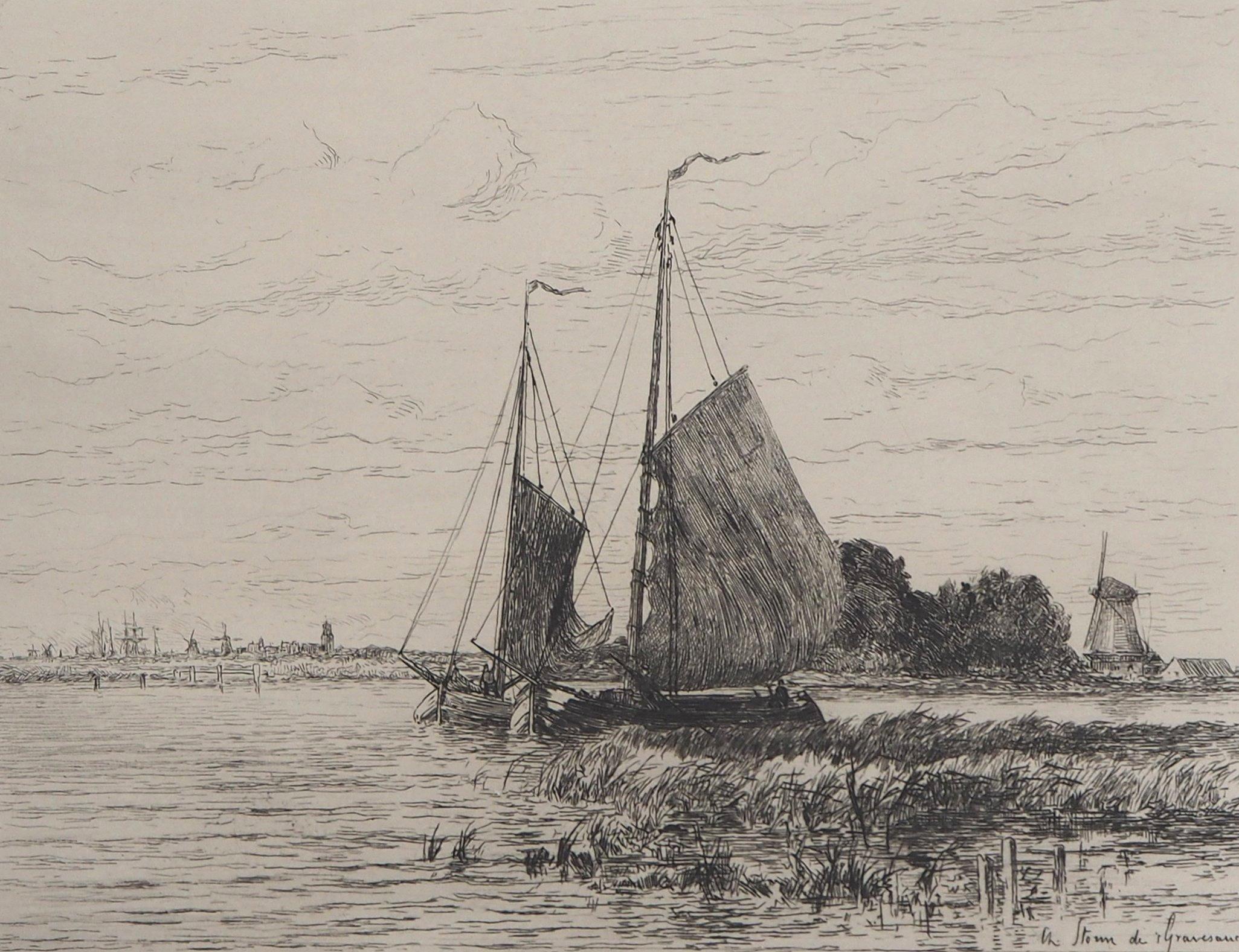 Holanda : Pescadores Veleros en el río, Grabado original - Landscape Print Beige de Charles Storm Van S'Gravesande