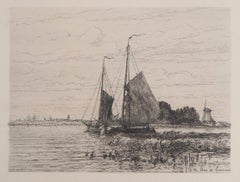 Antique Holland : Fisherman Sailboats on the river, Original etching