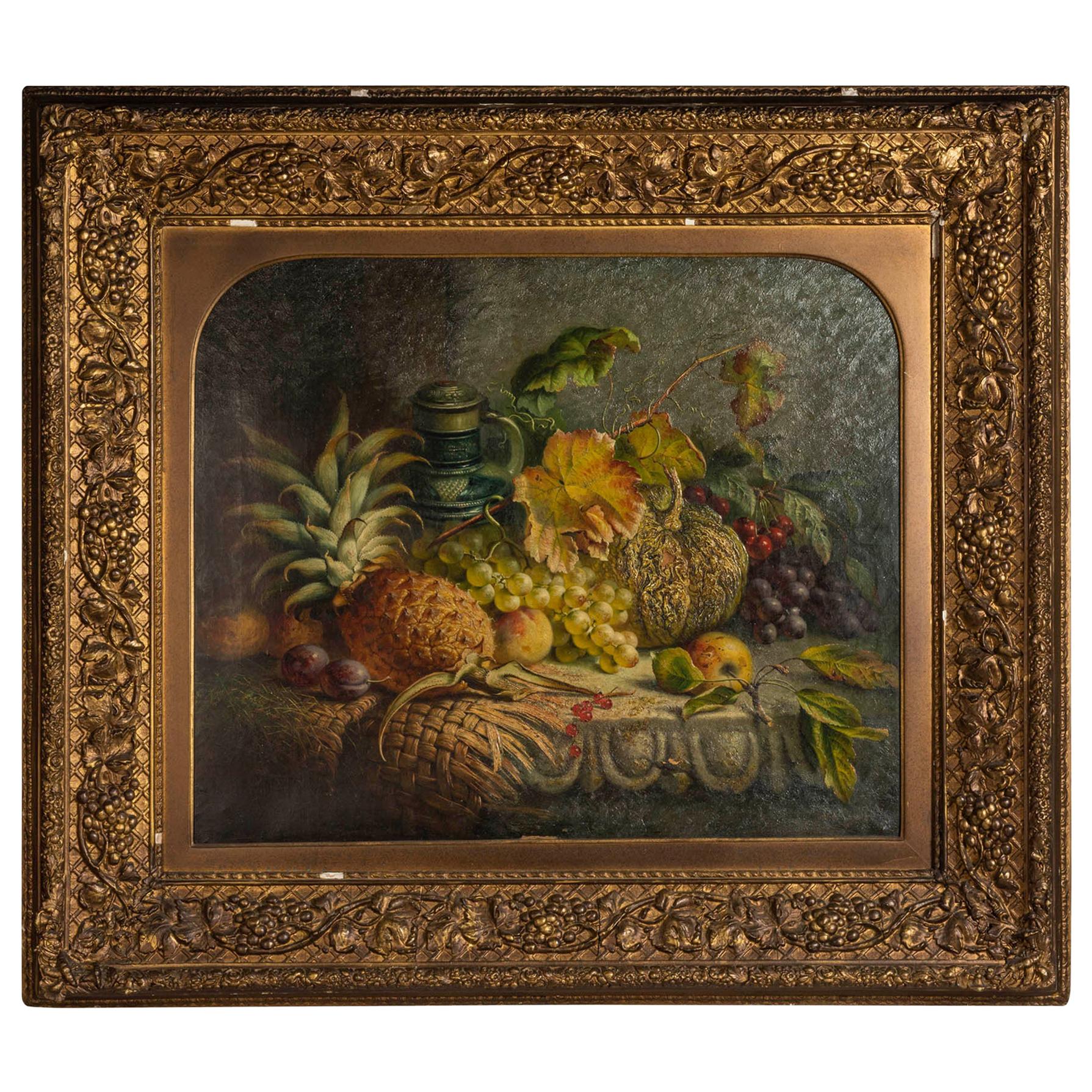 Charles Stuart 'Fl. 1854-1868' "Grapes, Pineapple, Plums, Apple, Jug" For Sale