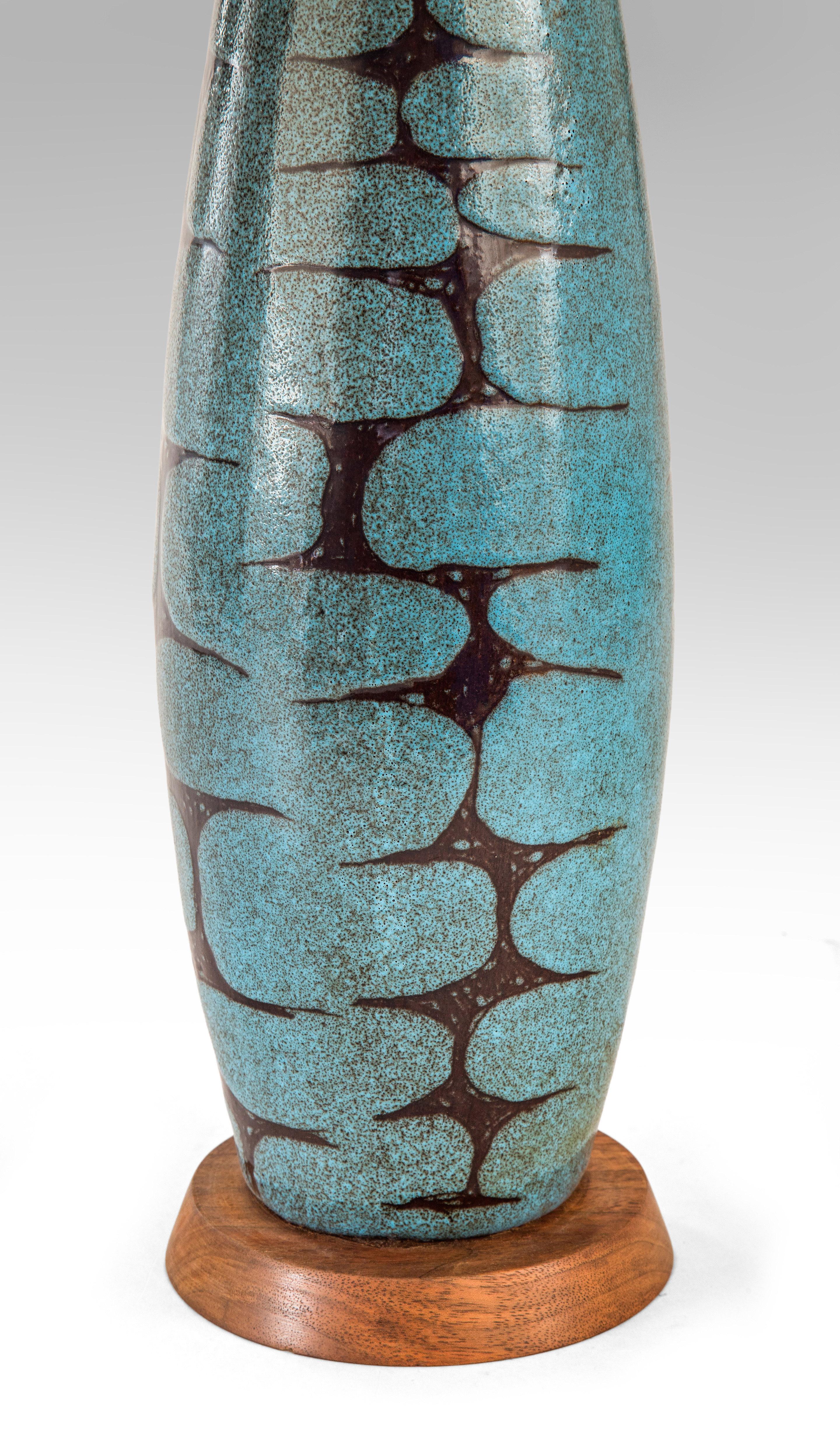 Canadian Charles Sucsan, a Blue-Green Glazed Bottle Form Ceramic Lamp