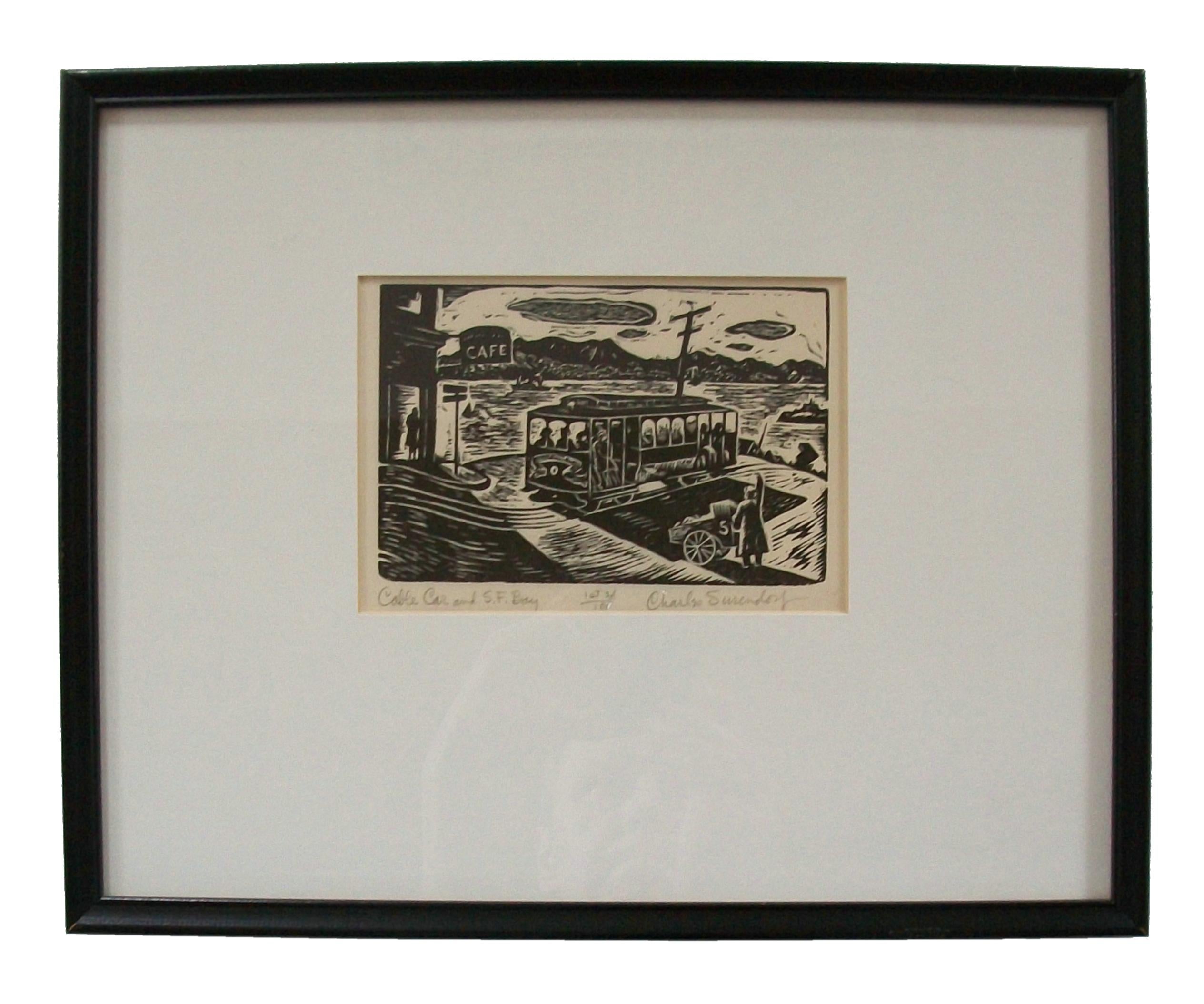 CHARLES SURENDORF – Kabelwagen und S.F.F. „ Bay“ – Holzschnittdruck #1/100 – ca. 1937 (Moderne der Mitte des Jahrhunderts) im Angebot