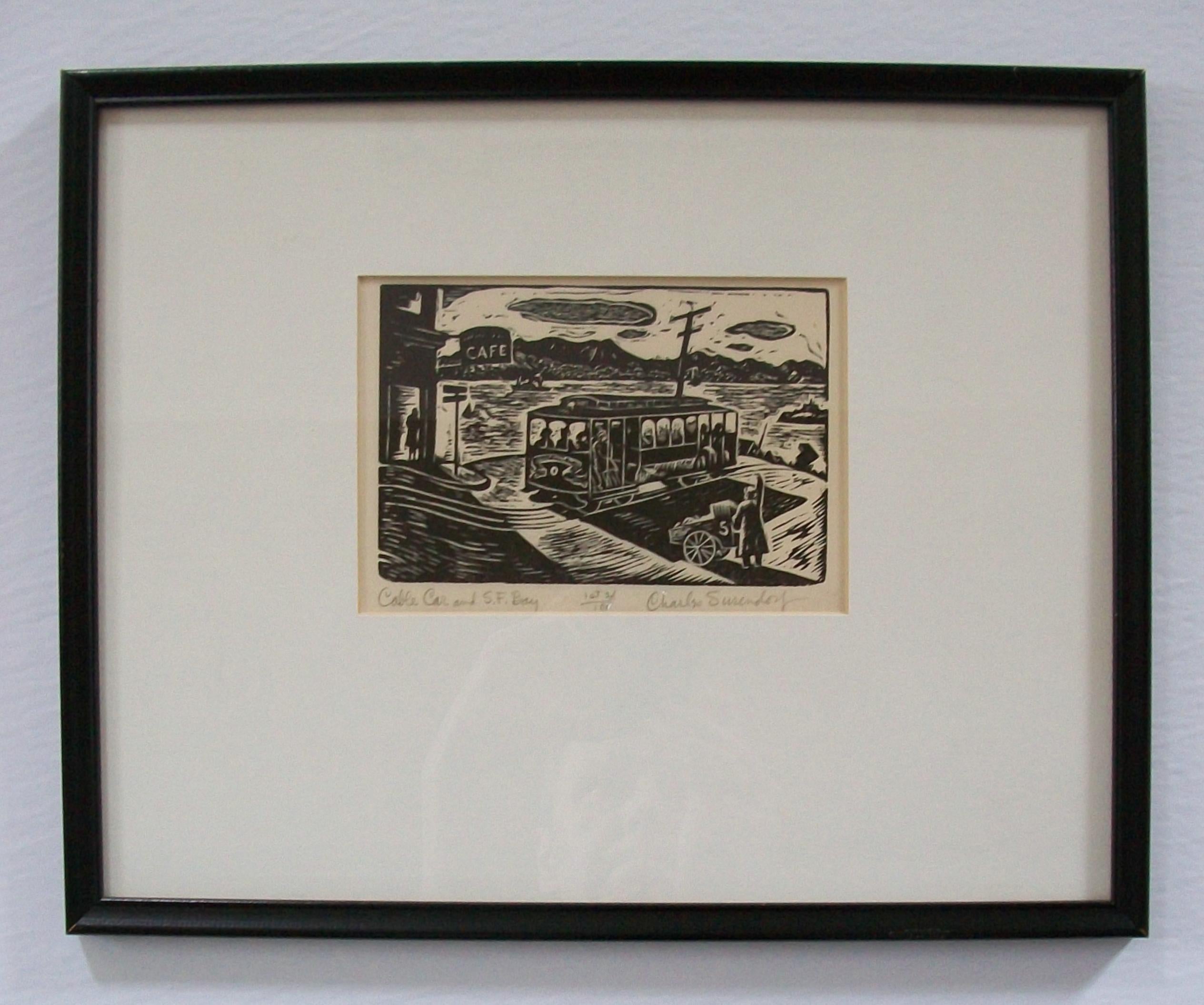 CHARLES SURENDORF – Kabelwagen und S.F.F. „ Bay“ – Holzschnittdruck #1/100 – ca. 1937 (amerikanisch) im Angebot